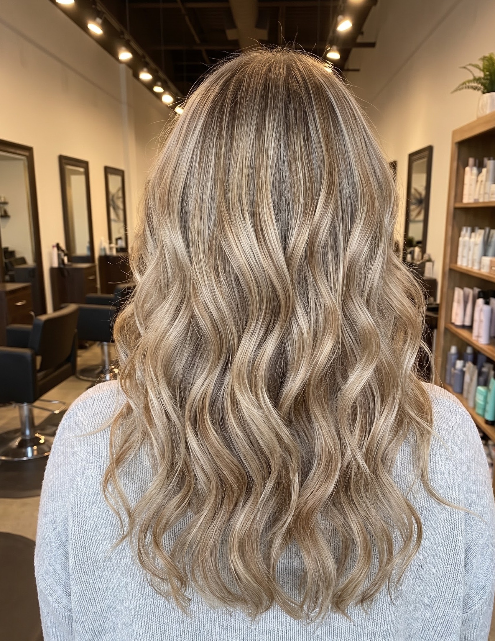 Beige blonde balayage hair styled in loose beachy waves