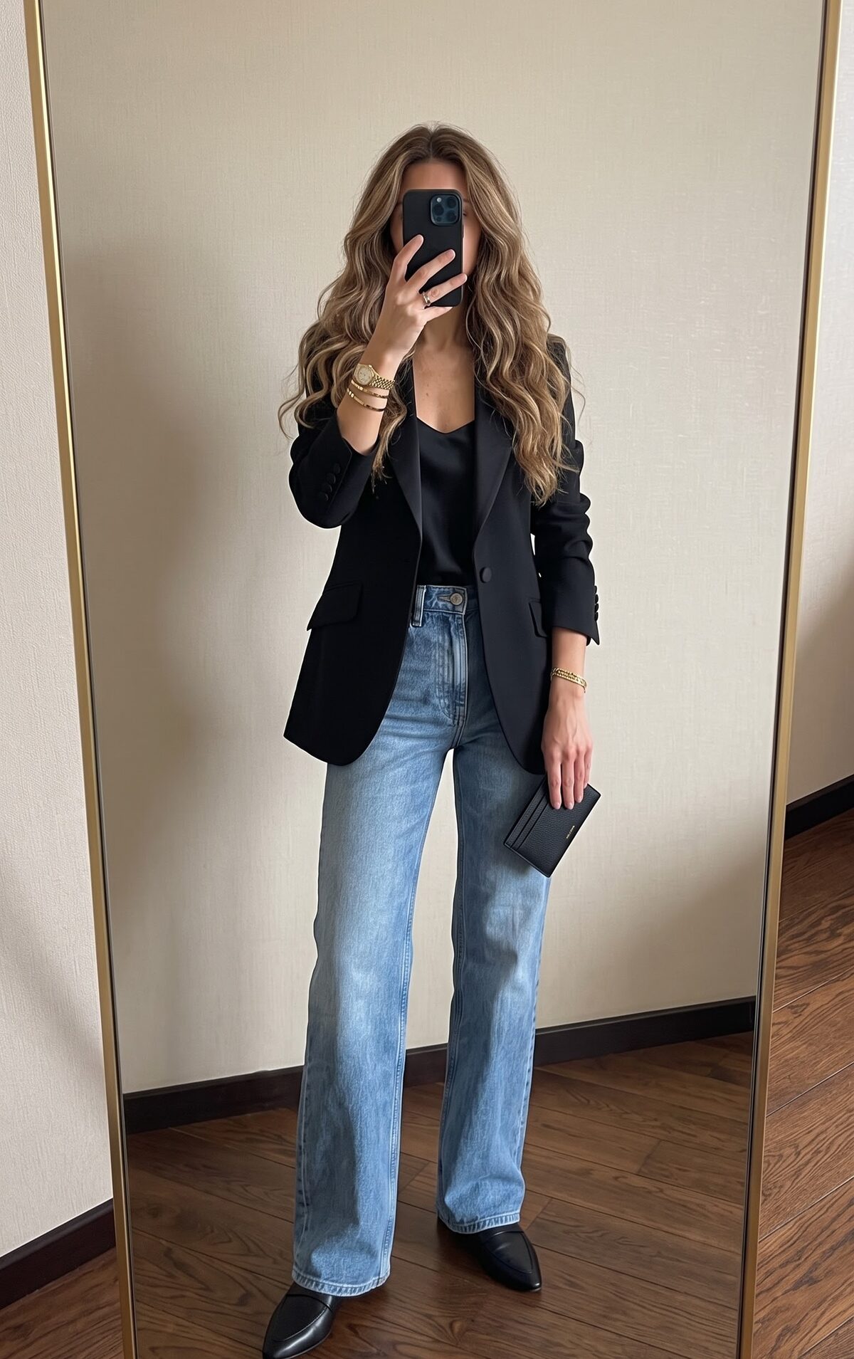 Black blazer with black satin cami top and wide leg light wash jeans mirror selfie