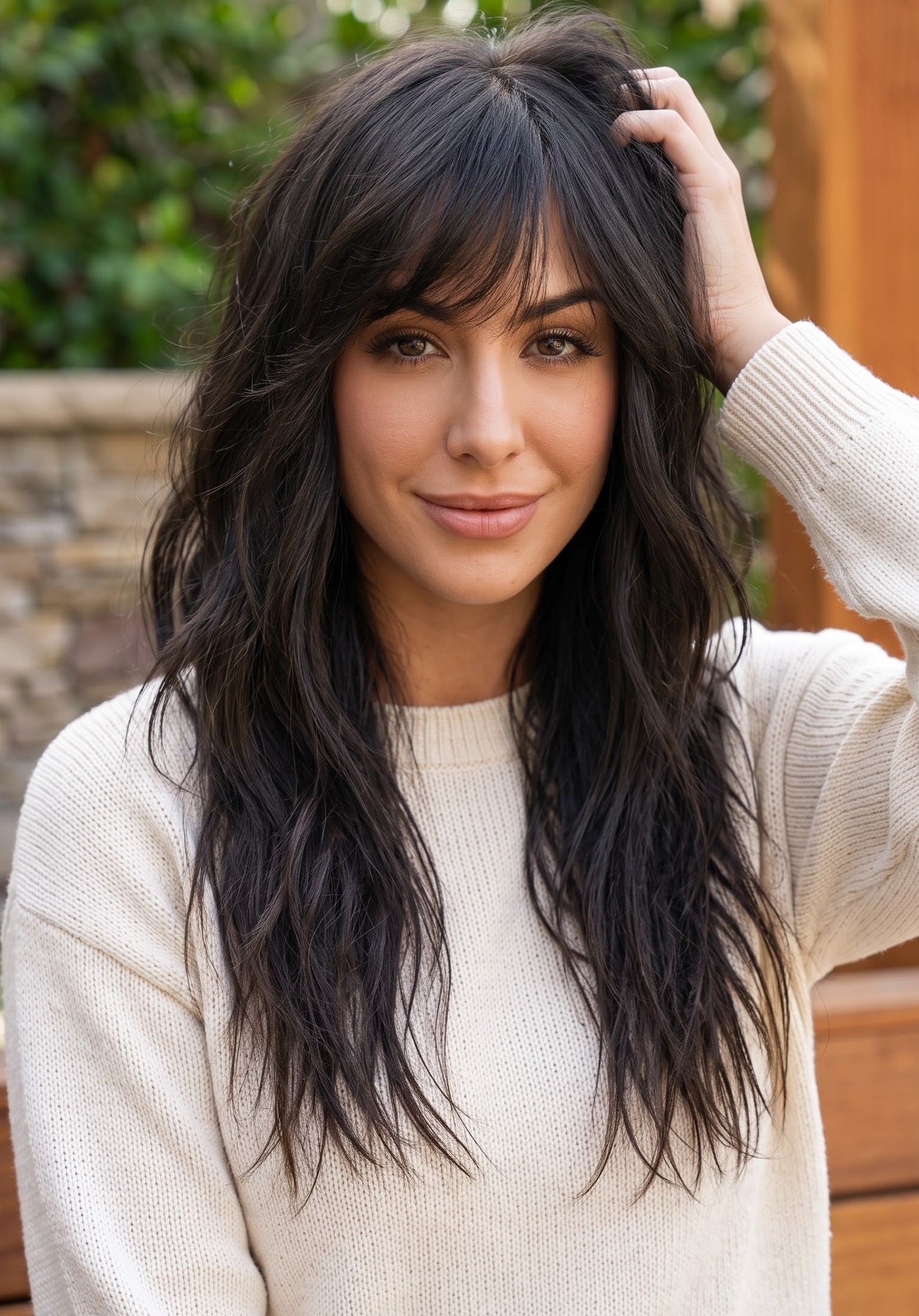 Long black wolf cut with wispy bangs and undone texture