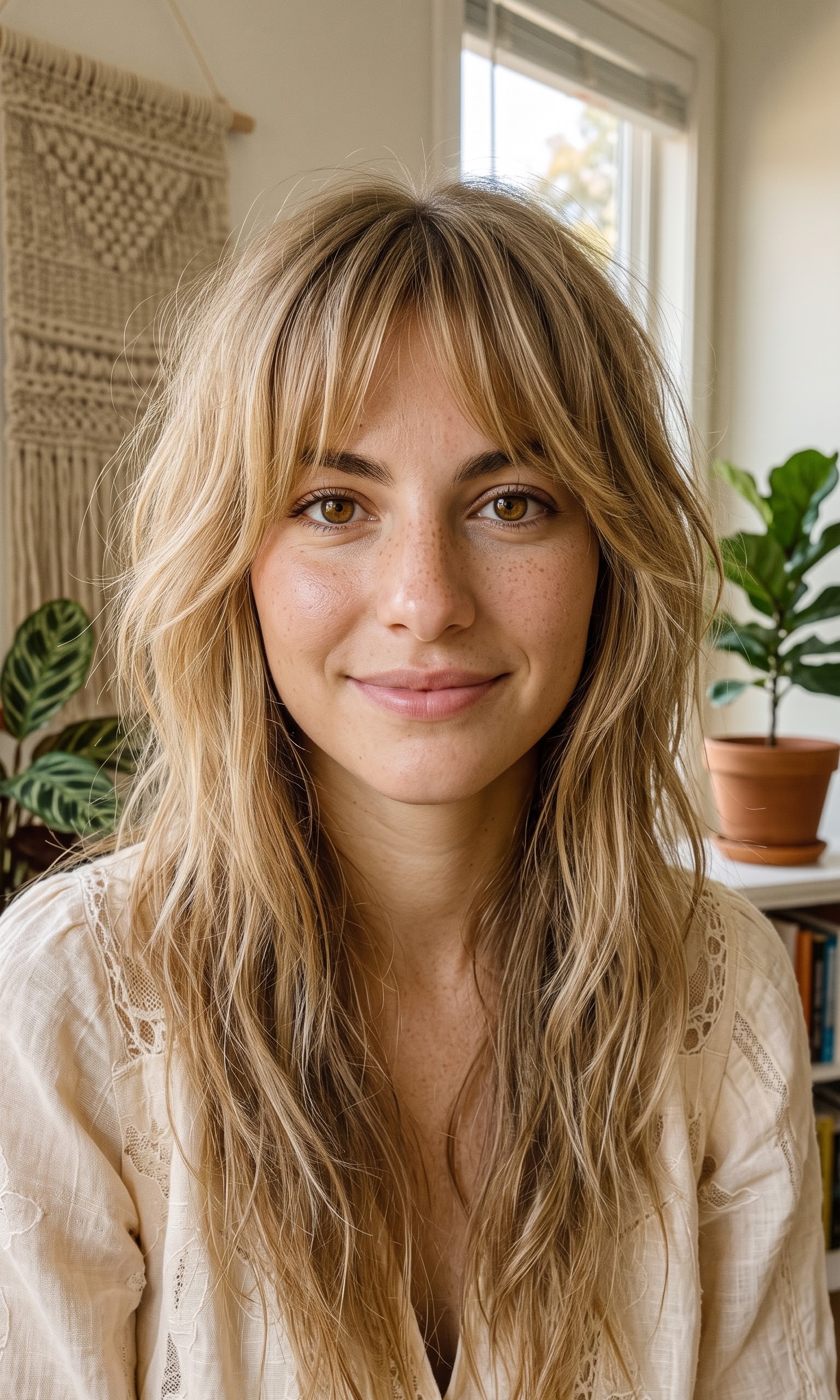 Blonde boho wolf cut with a lived-in soft fringe and beachy layers