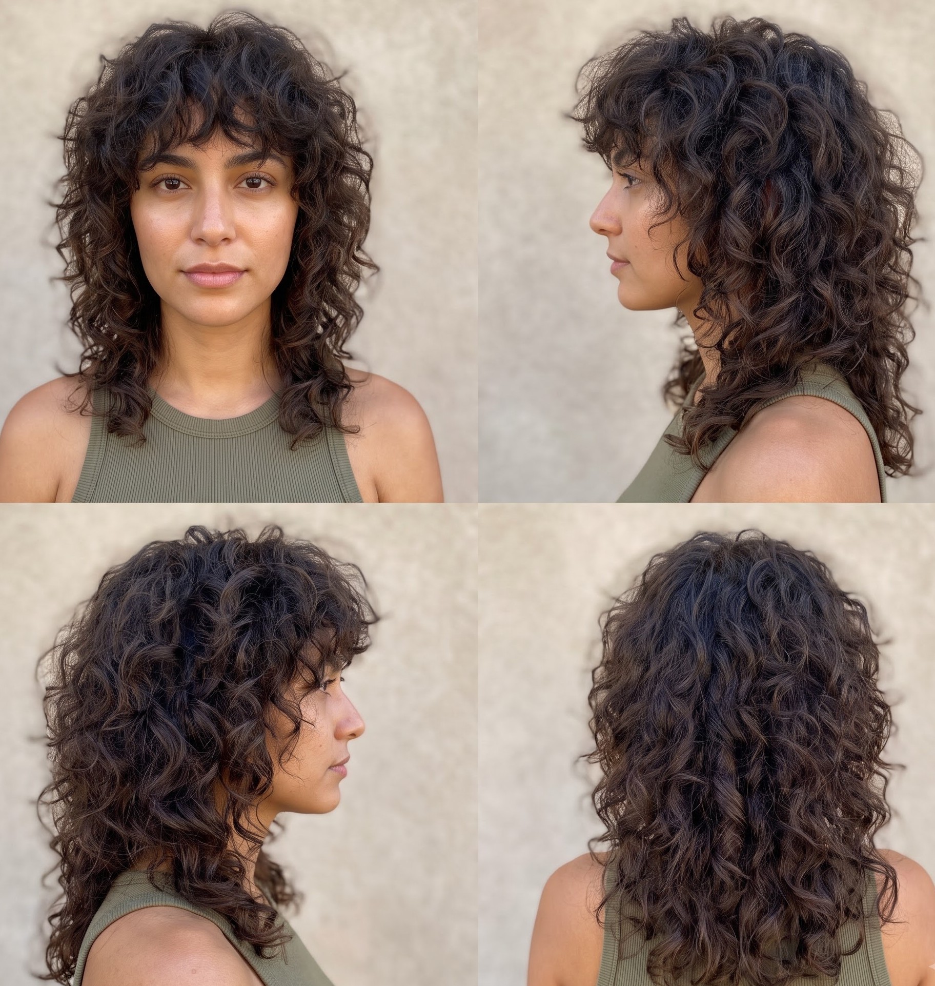 Blonde curly bob haircut with curly bangs shown in a close-up portrait