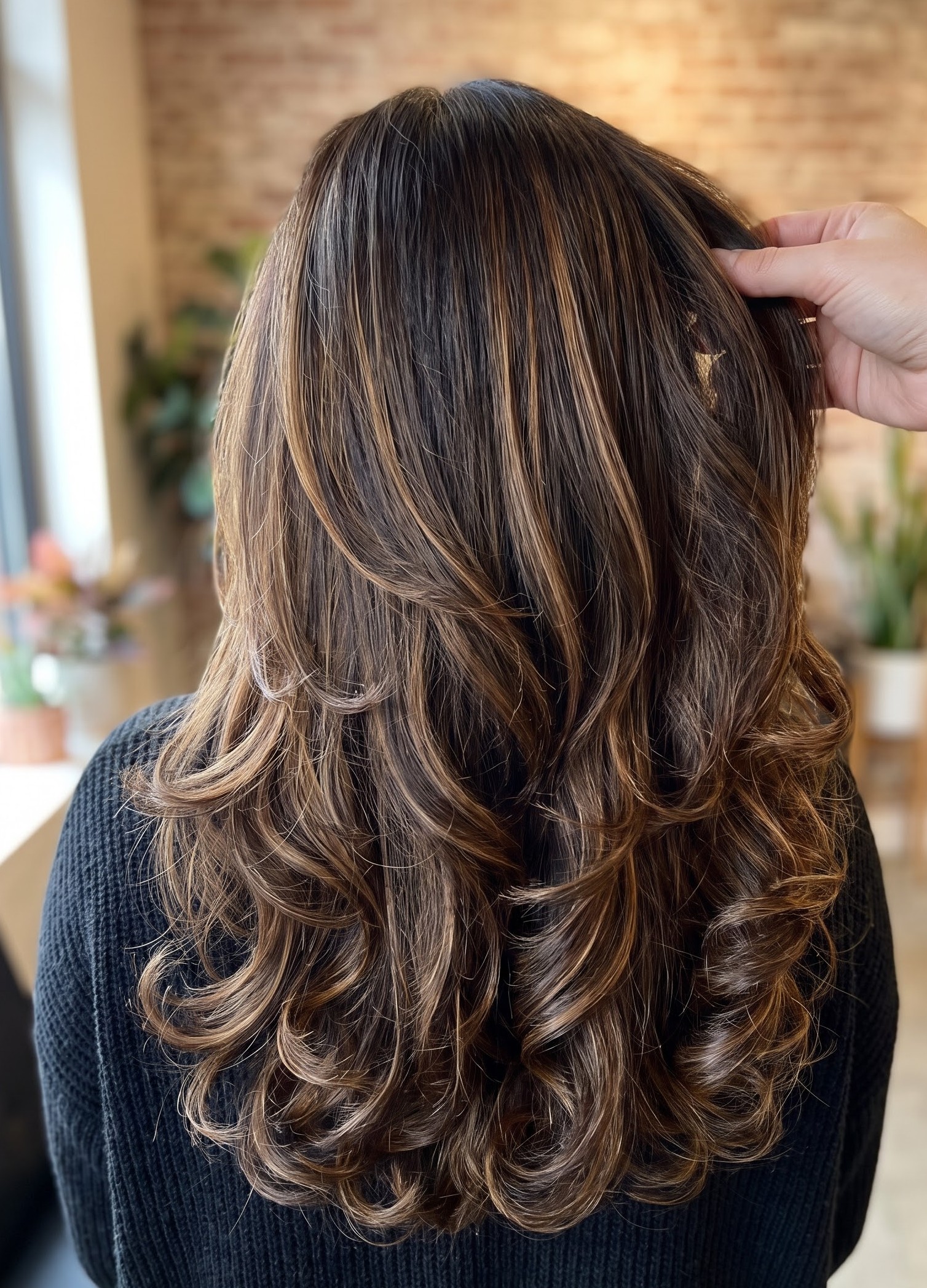Dark brunette hair with bold chunky caramel highlights and voluminous curls