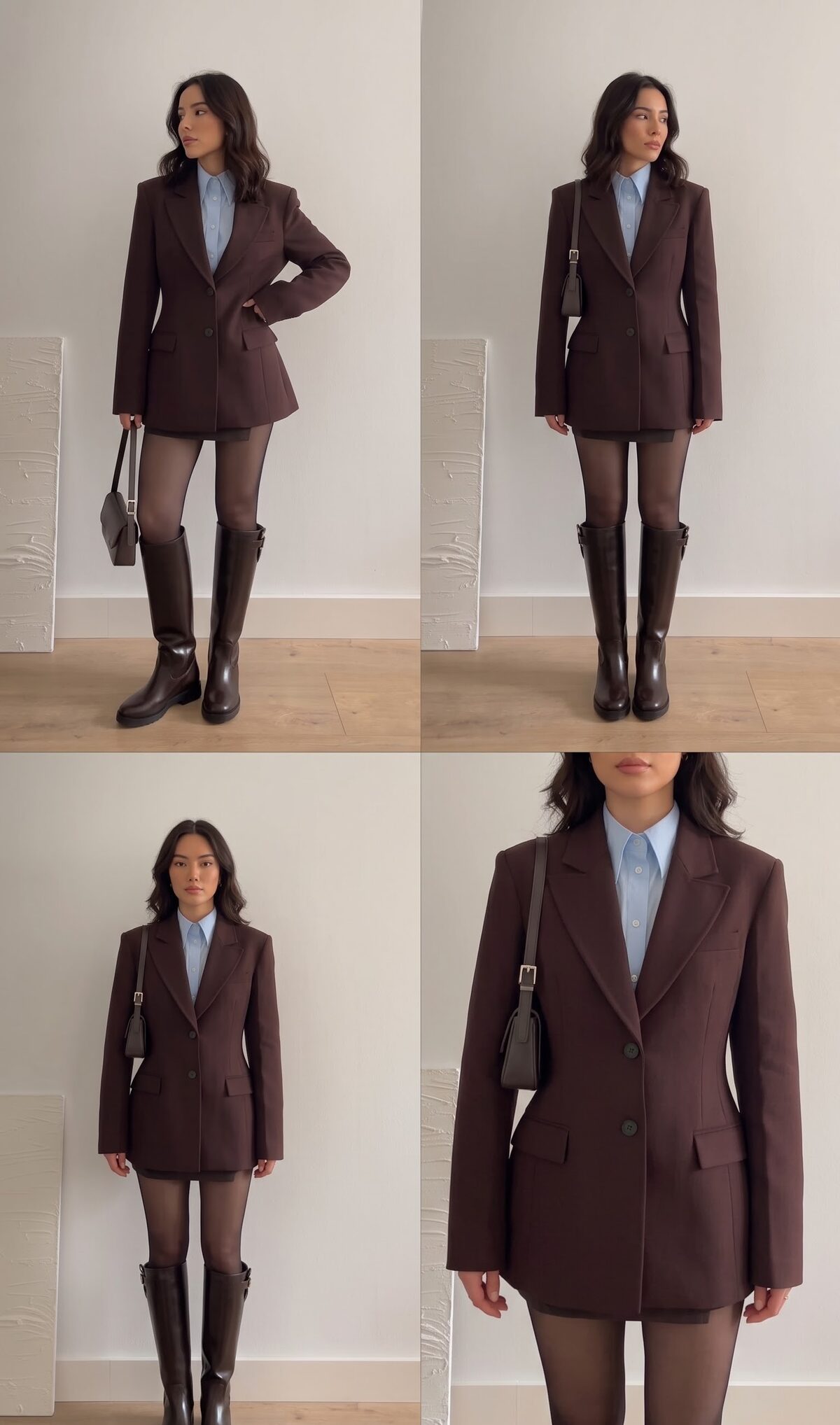 Brown fitted blazer with light blue shirt, mini skirt and knee-high boots four photo grid