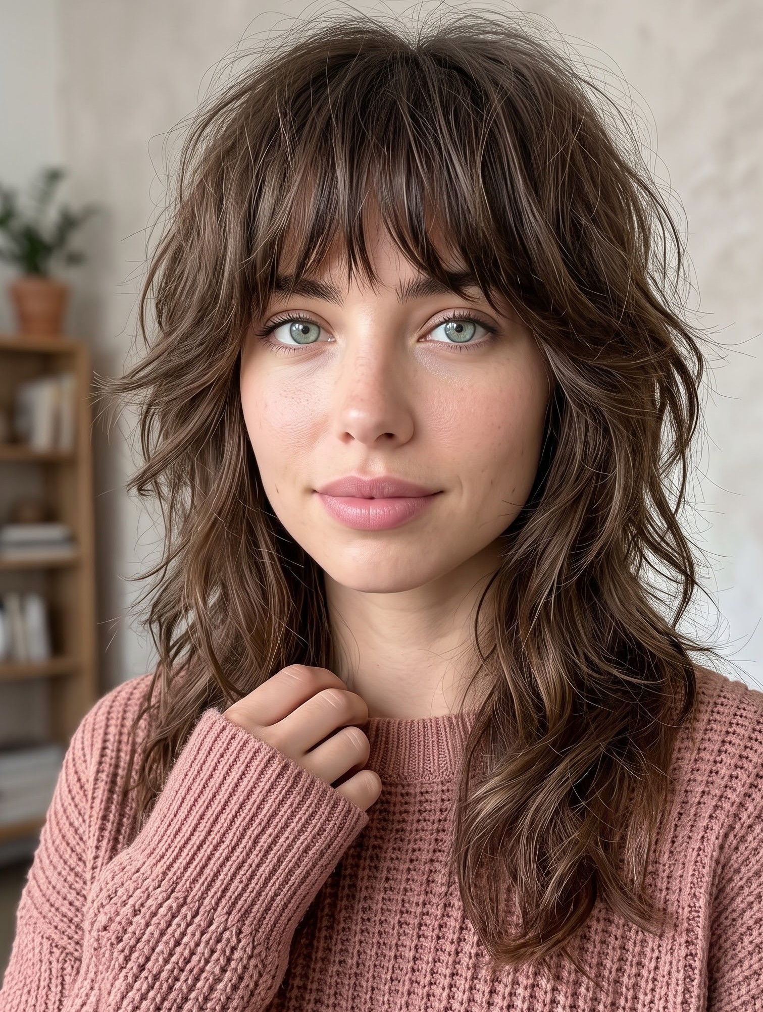 Brown wavy wolf cut with a full fringe on natural wave