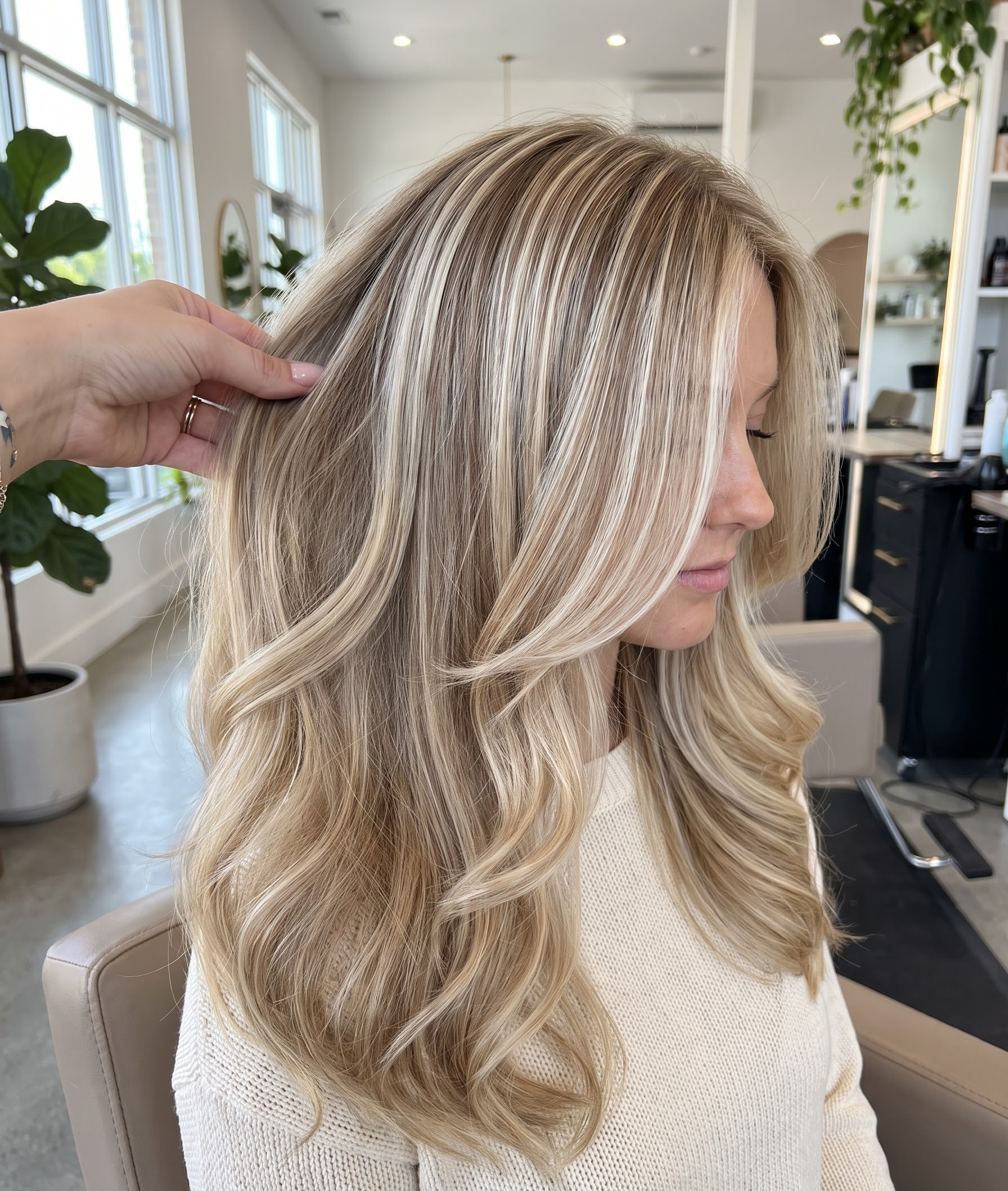 Blonde highlights with a bold money piece framing the face, styled in soft waves