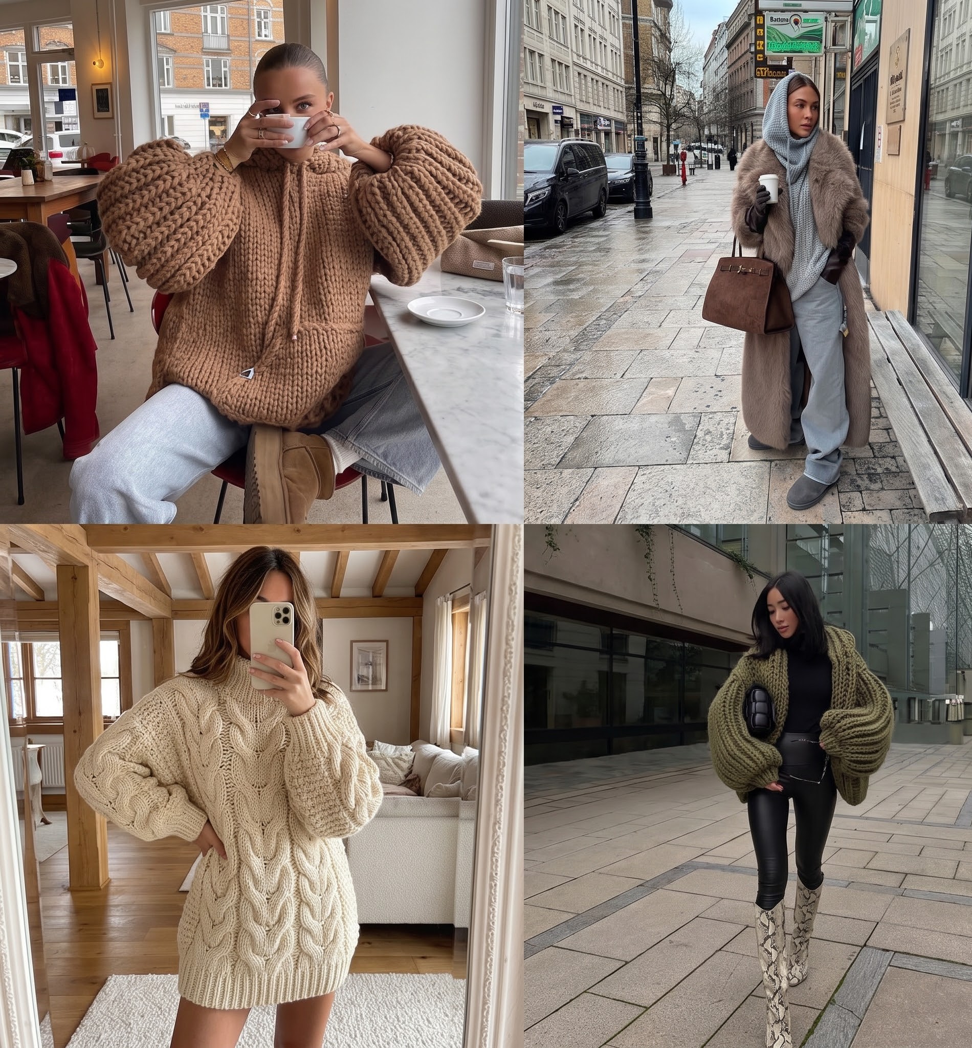 Cable knit sweater worn in a cozy cafe setting