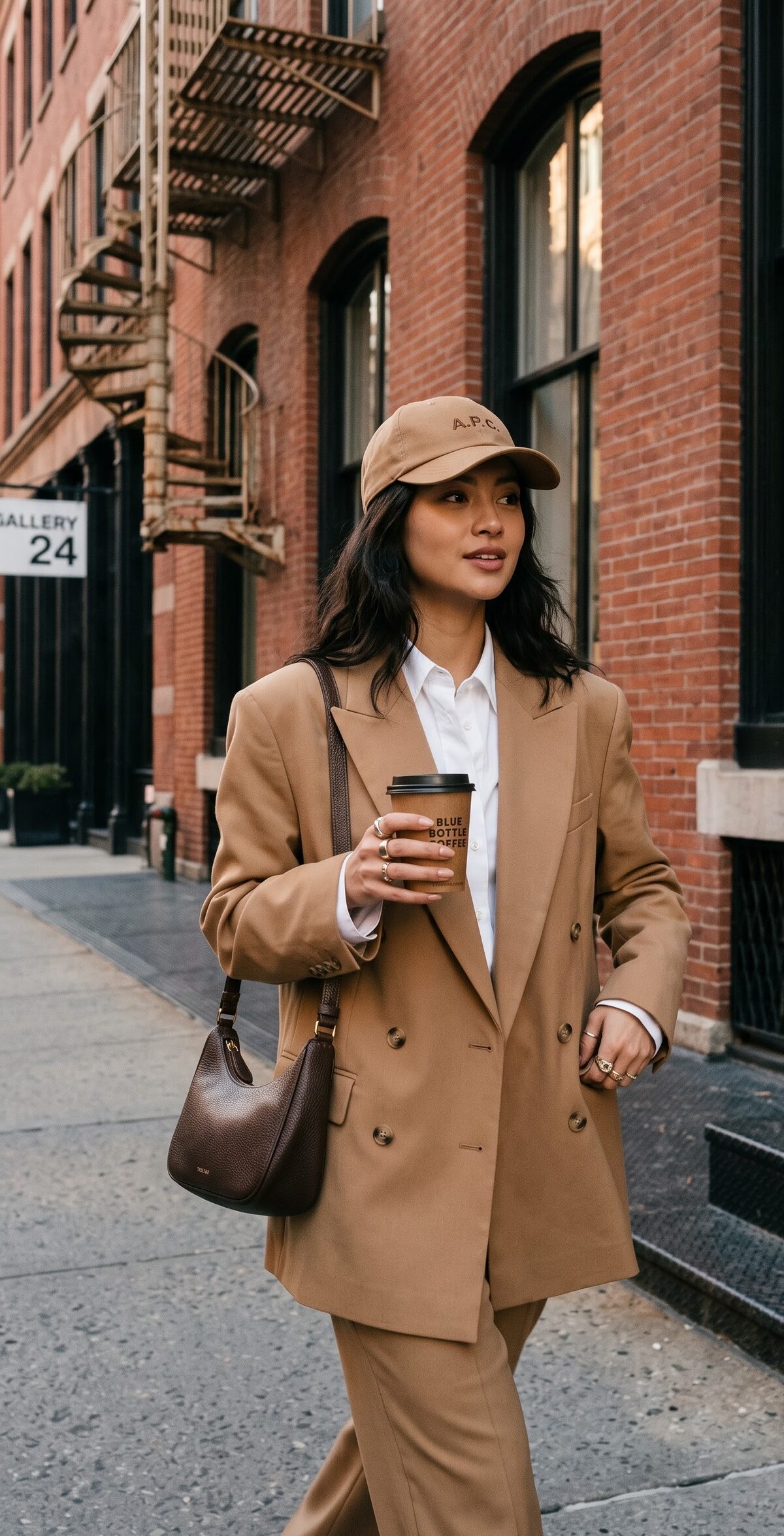 Camel double-breasted blazer with white shirt, cap and coffee cup street style