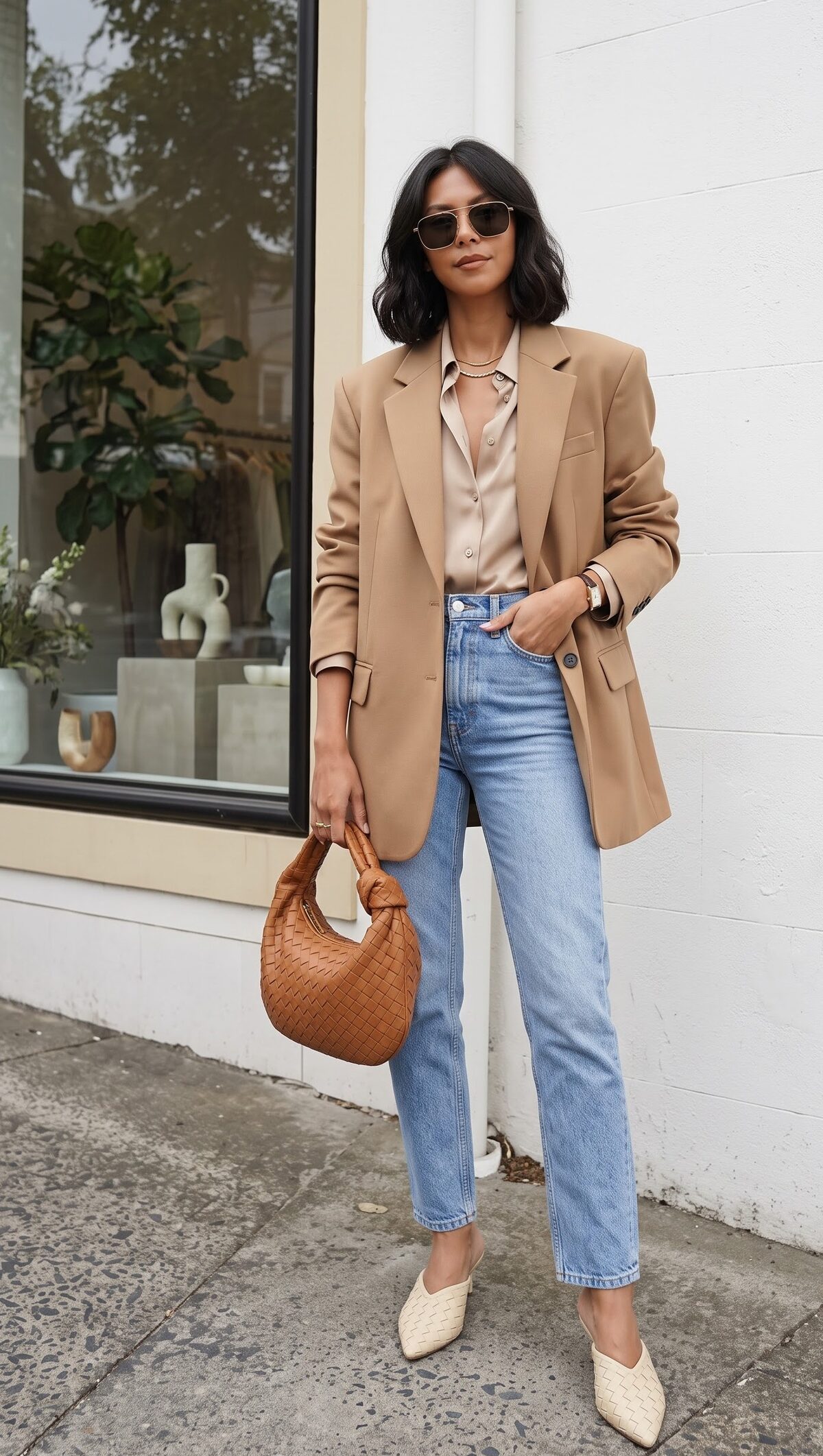 Camel jacket paired with a beige silk shirt, straight jeans and woven mules
