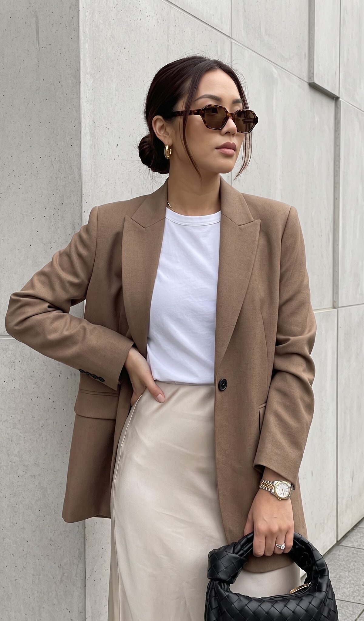 Camel blazer with white t-shirt and satin midi skirt street style outfit
