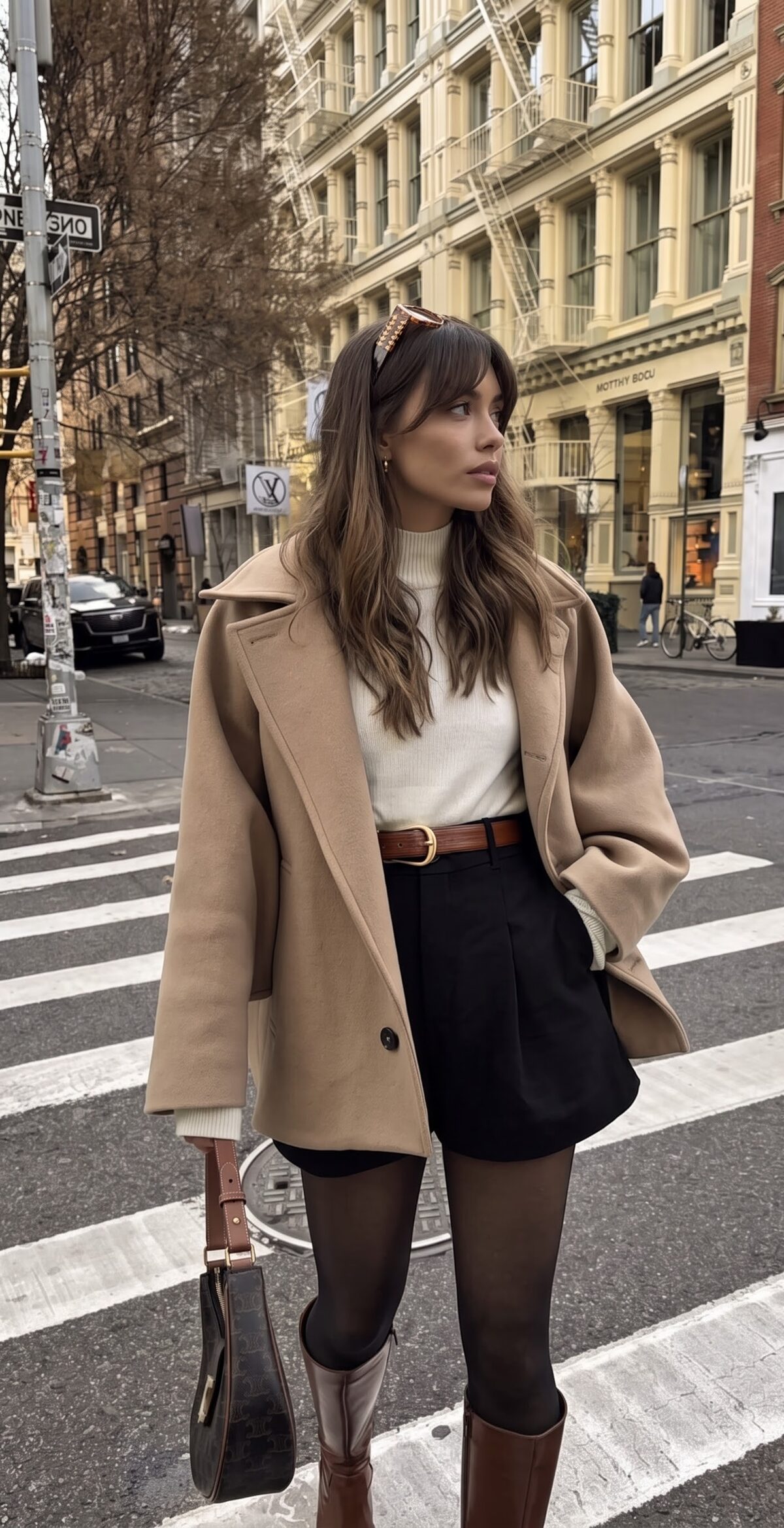 Camel oversized coat blazer with cream sweater, black tailored shorts and brown boots