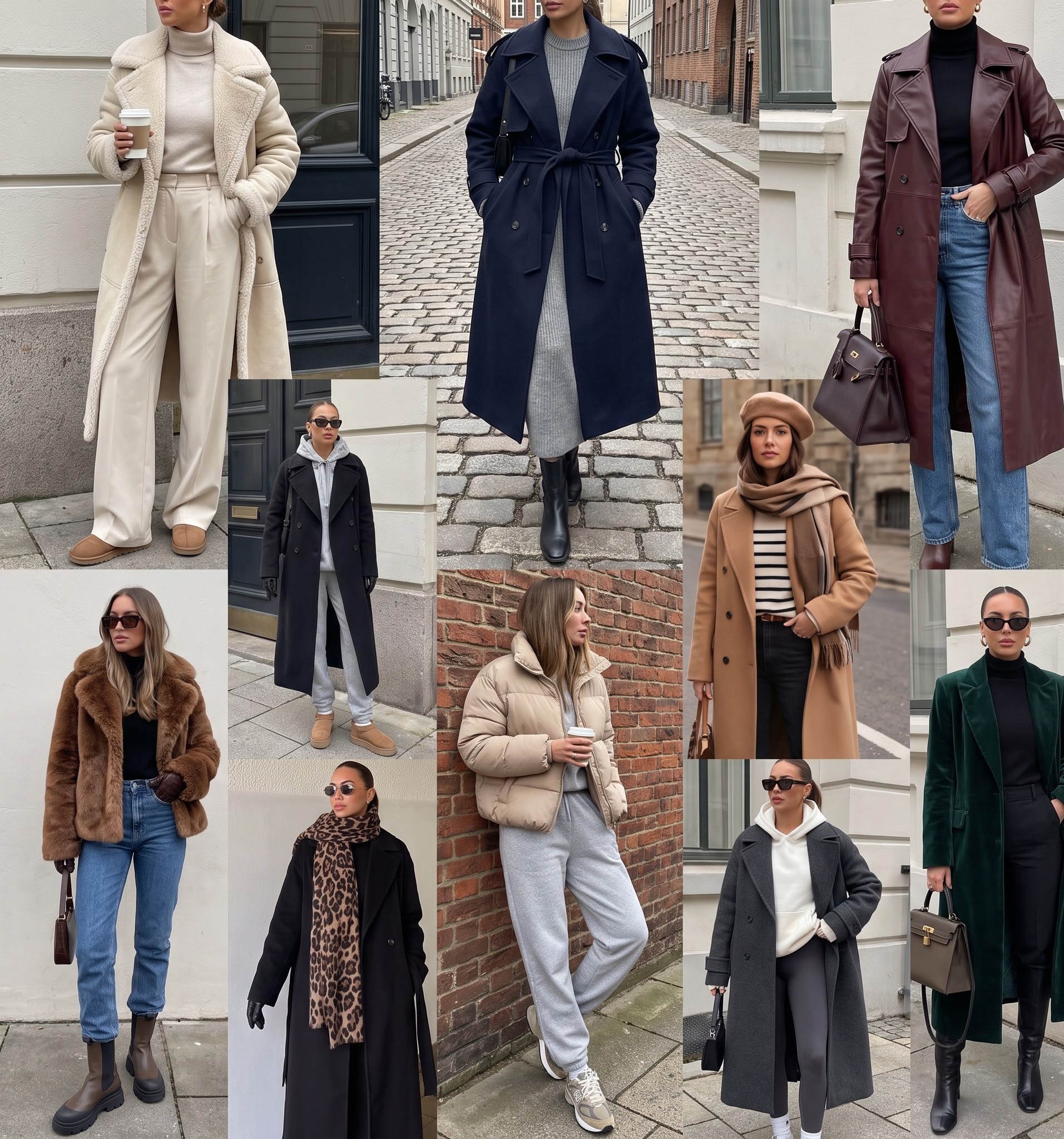 Camel wool coat styled with elevated basics in a street style collage