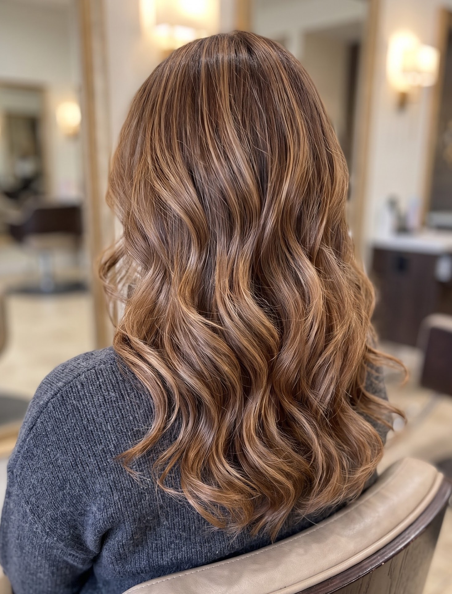 Brunette hair with caramel balayage highlights styled in loose curled layers under warm salon lighting