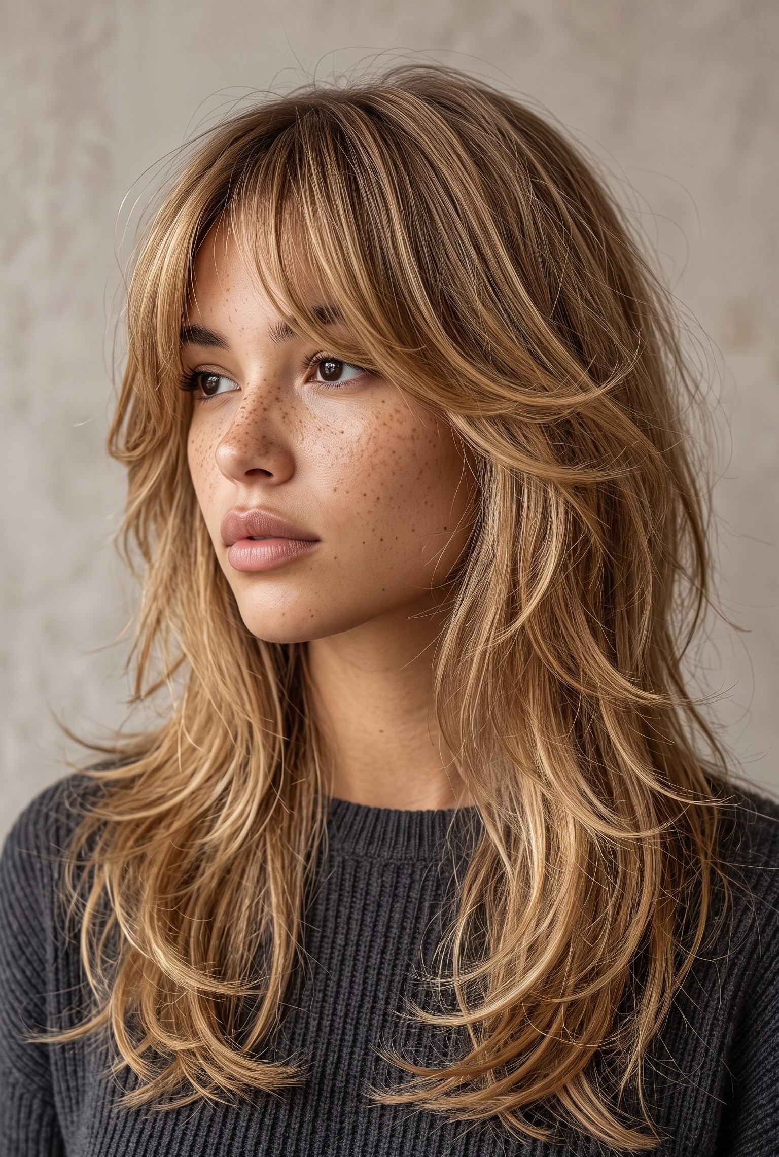 Caramel blonde wolf cut with curtain bangs and face-framing layers