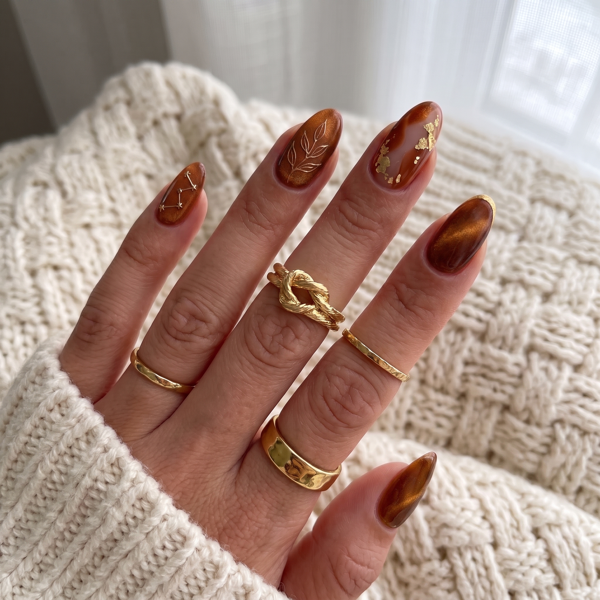 Cognac brown cat eye nails with gold foil flakes and constellation art