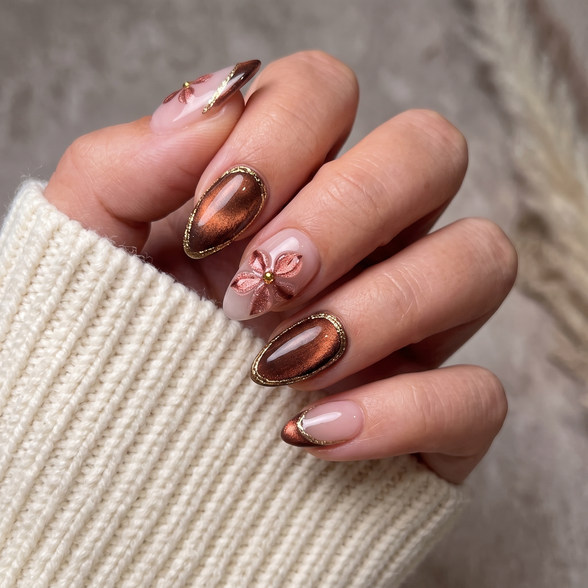 Copper cat eye nails with rose gold flower charms