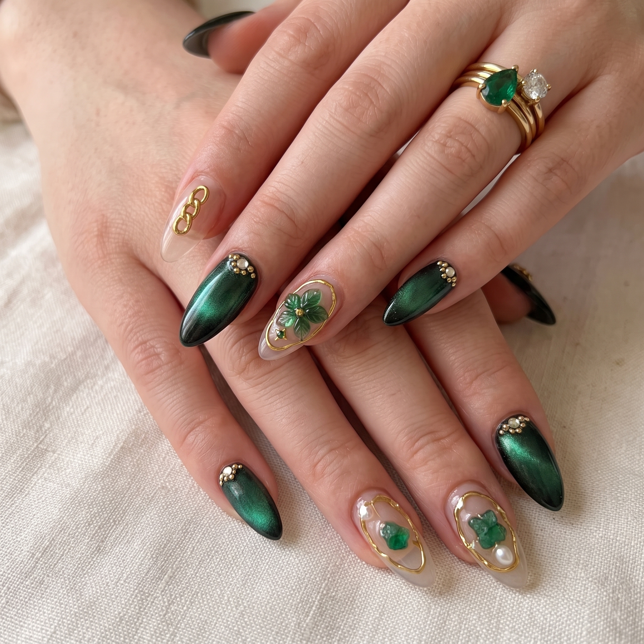 Emerald green cat eye nails with gold beads and floral charm accents