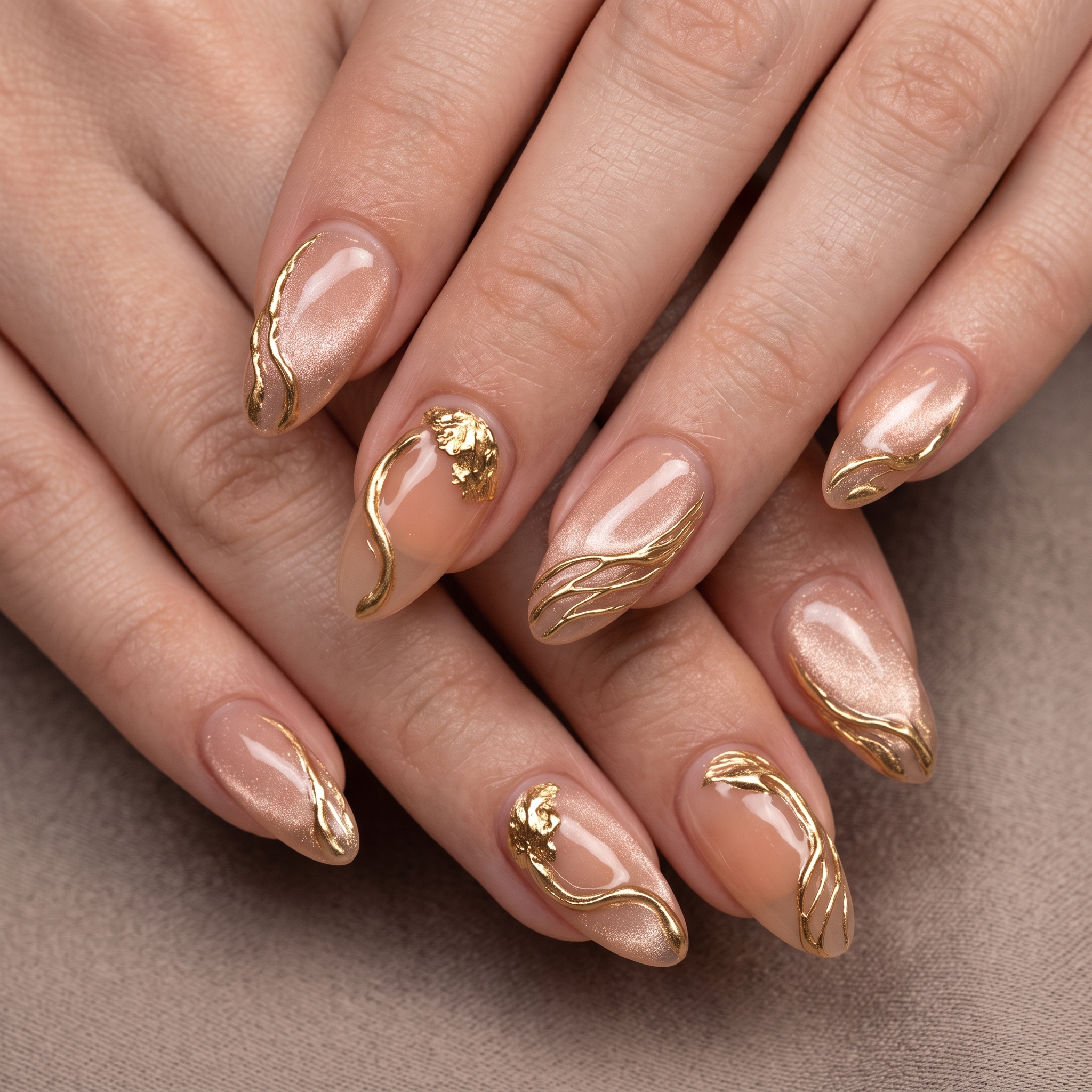 Nude cat eye nails with sweeping gold wave line art