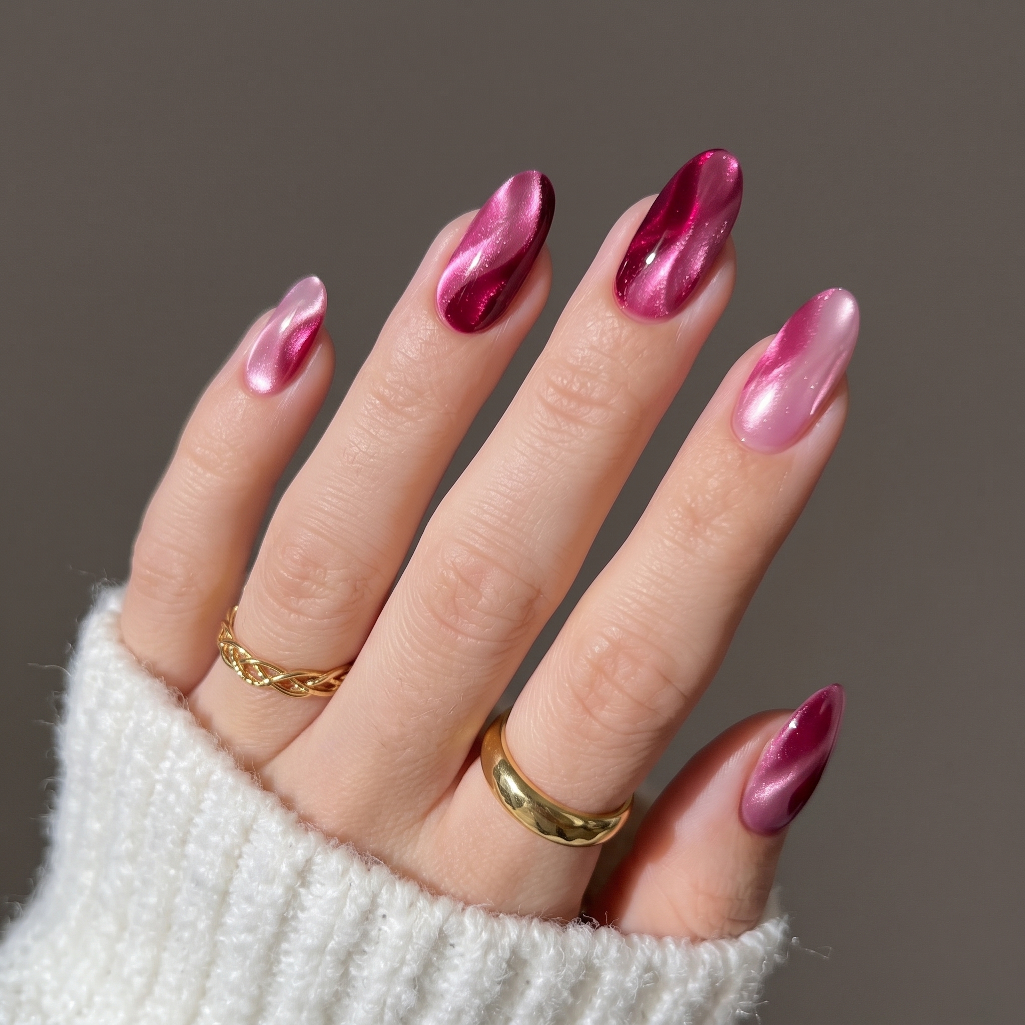 Magenta and soft pink cat eye nails in alternating chrome shades