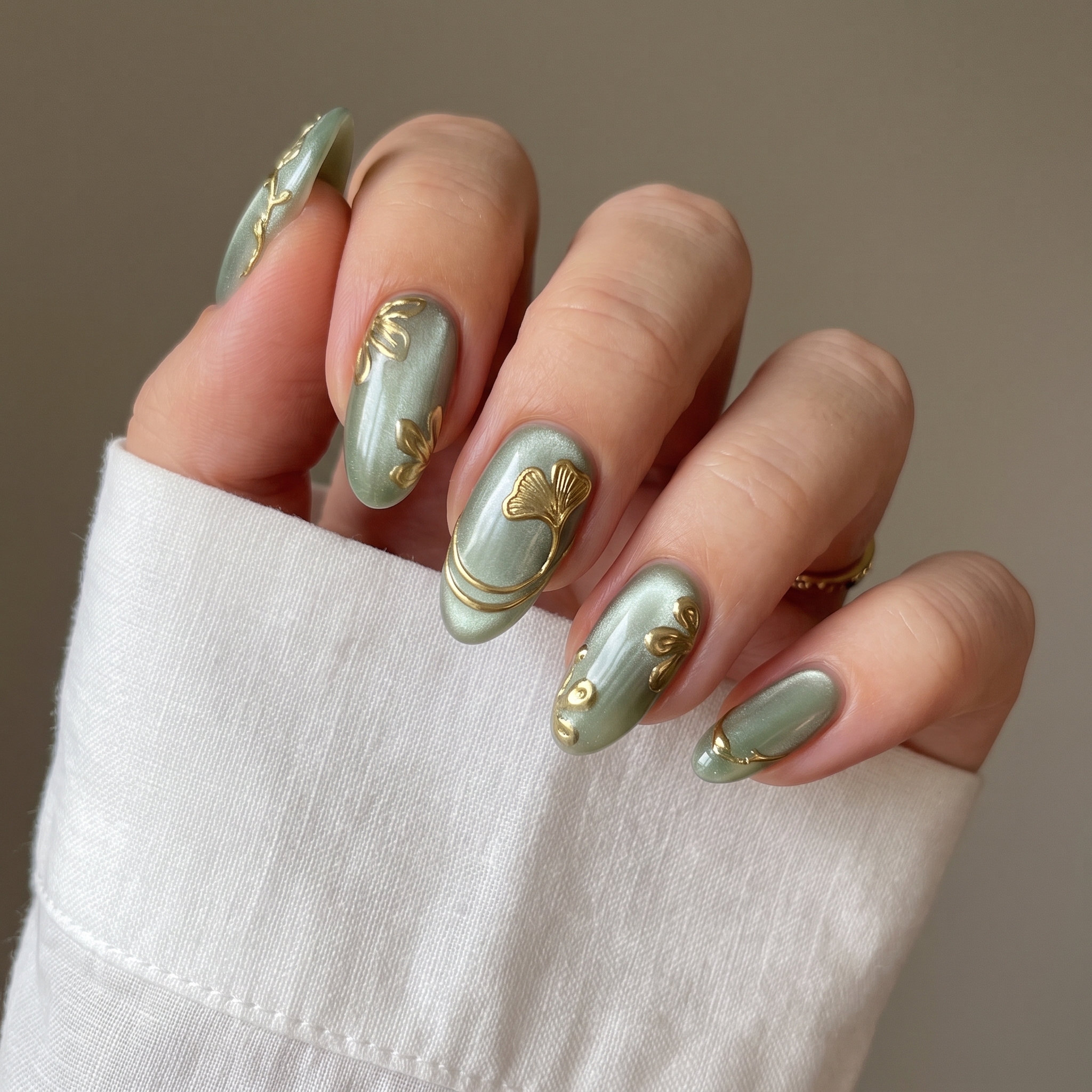 Sage green cat eye nails with gold gingko leaf and floral art