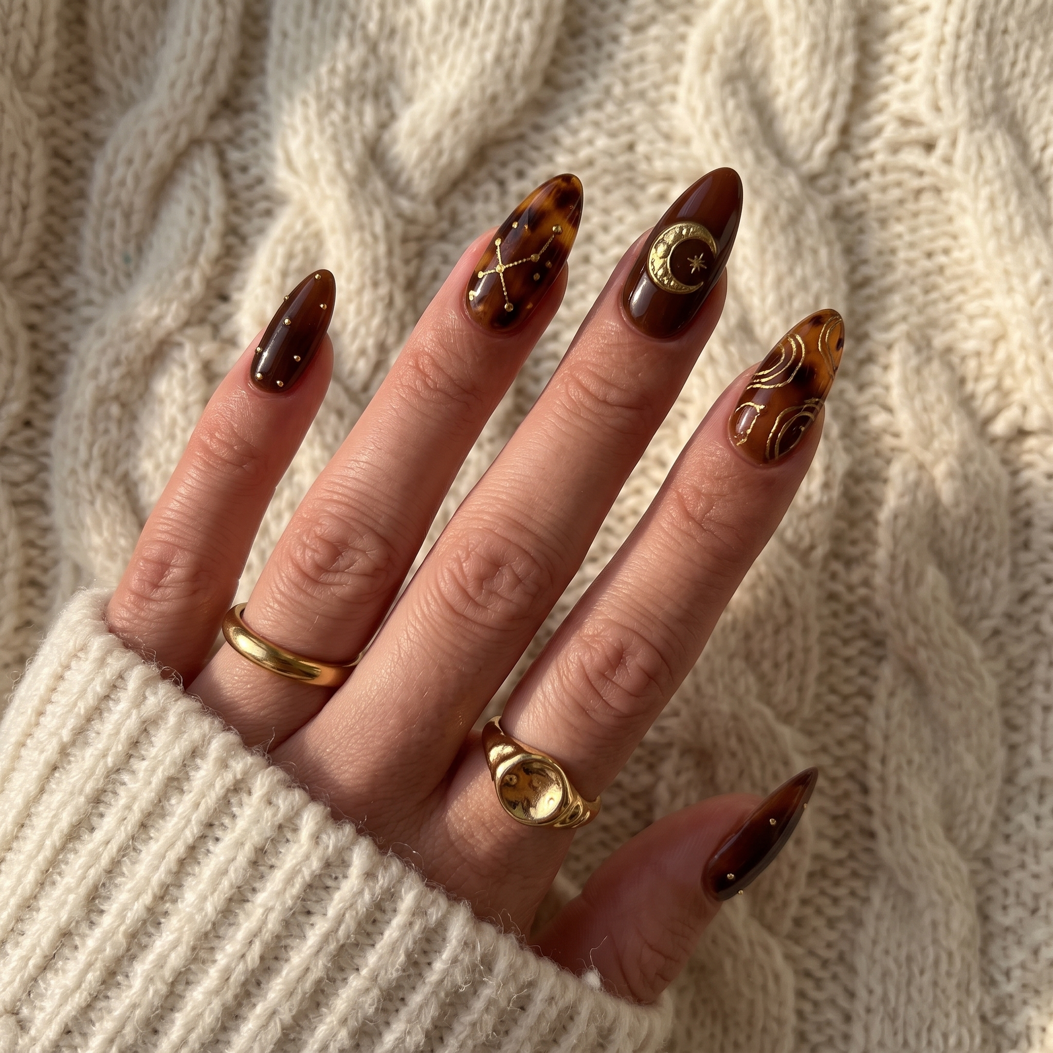Tortoiseshell brown cat eye nails with gold moon and star art