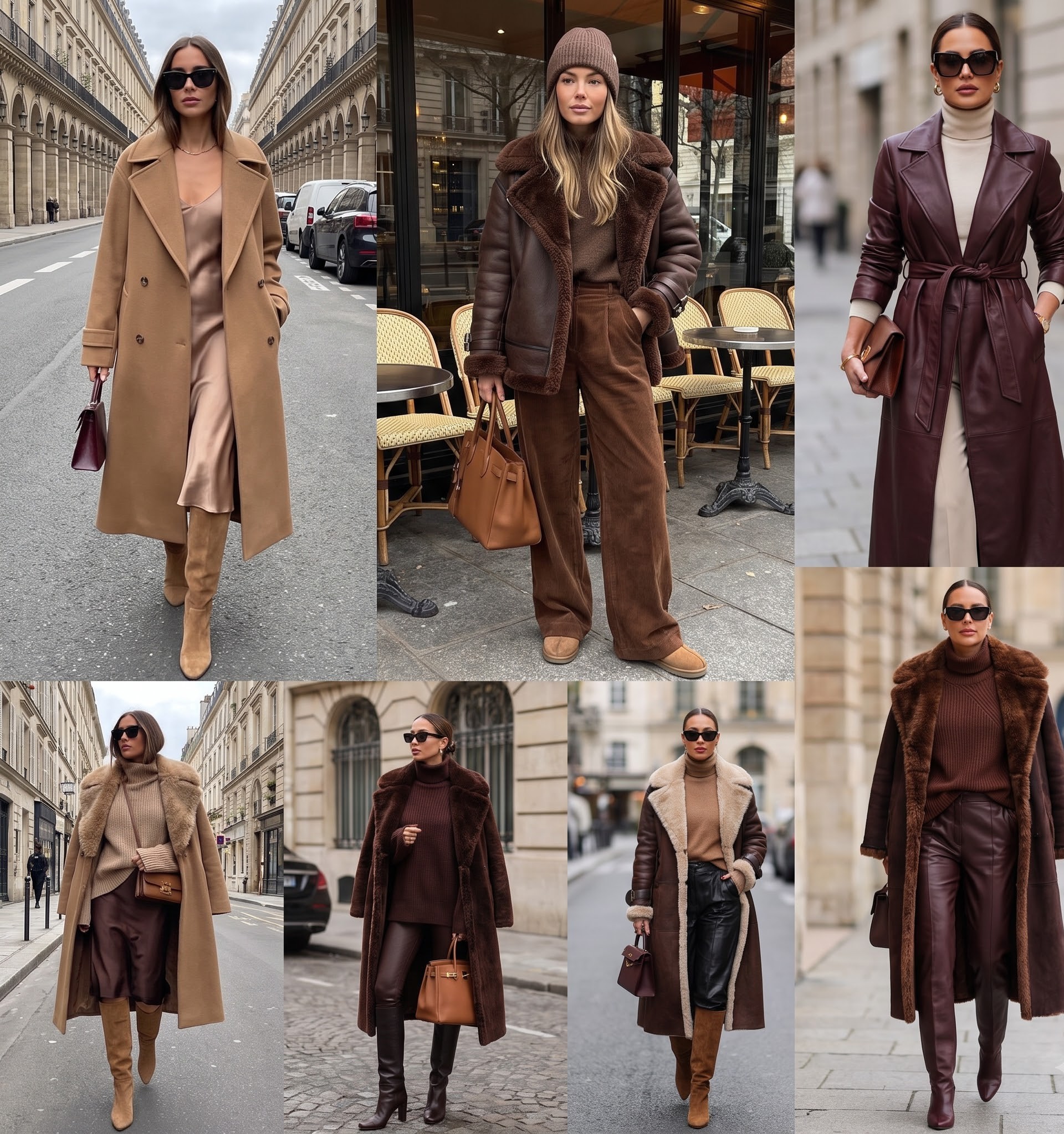 Oversized cream chunky cable knit cardigans styled in a street style collage