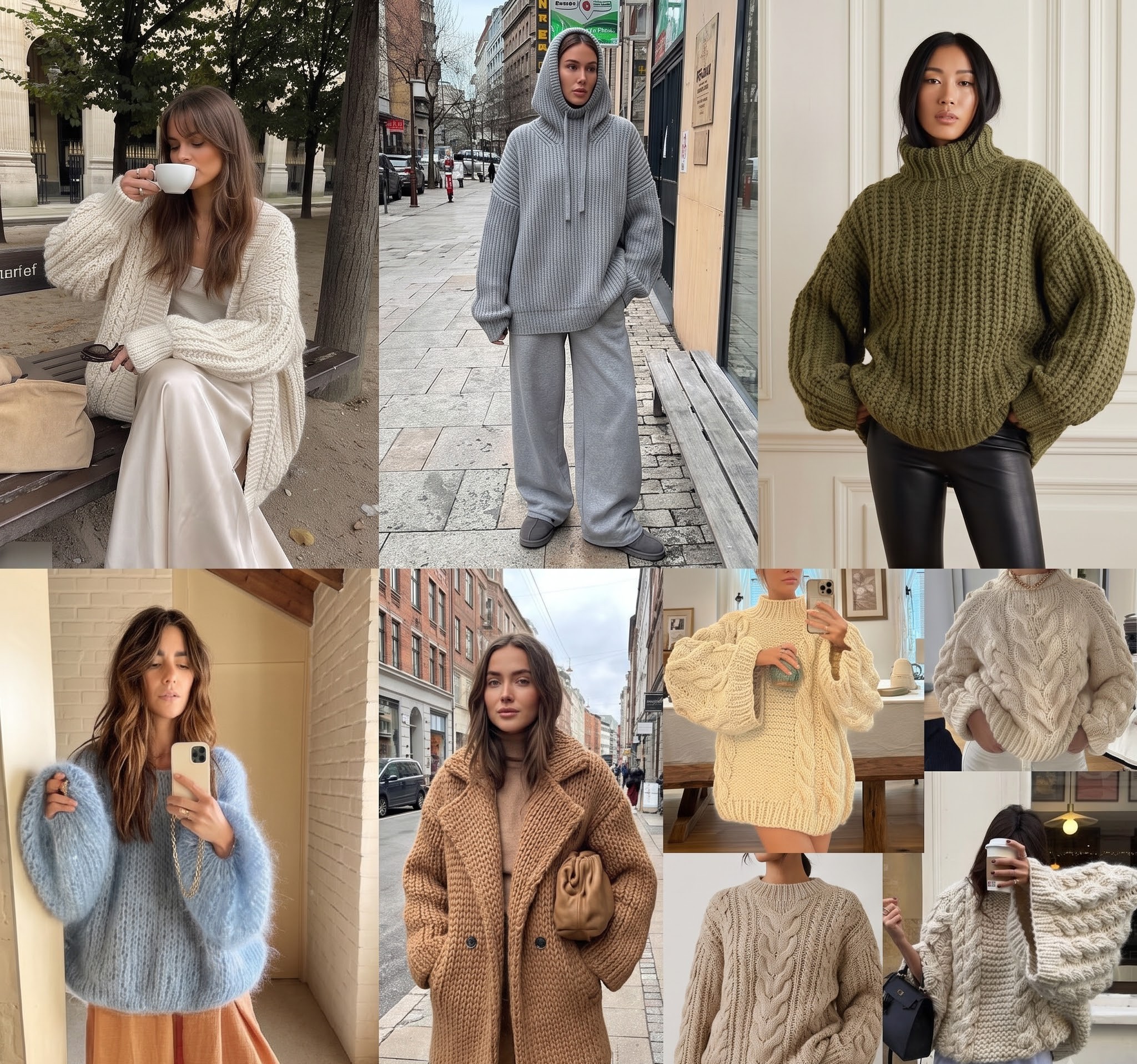 Oversized neutral chunky knit sweaters shown from multiple street style angles