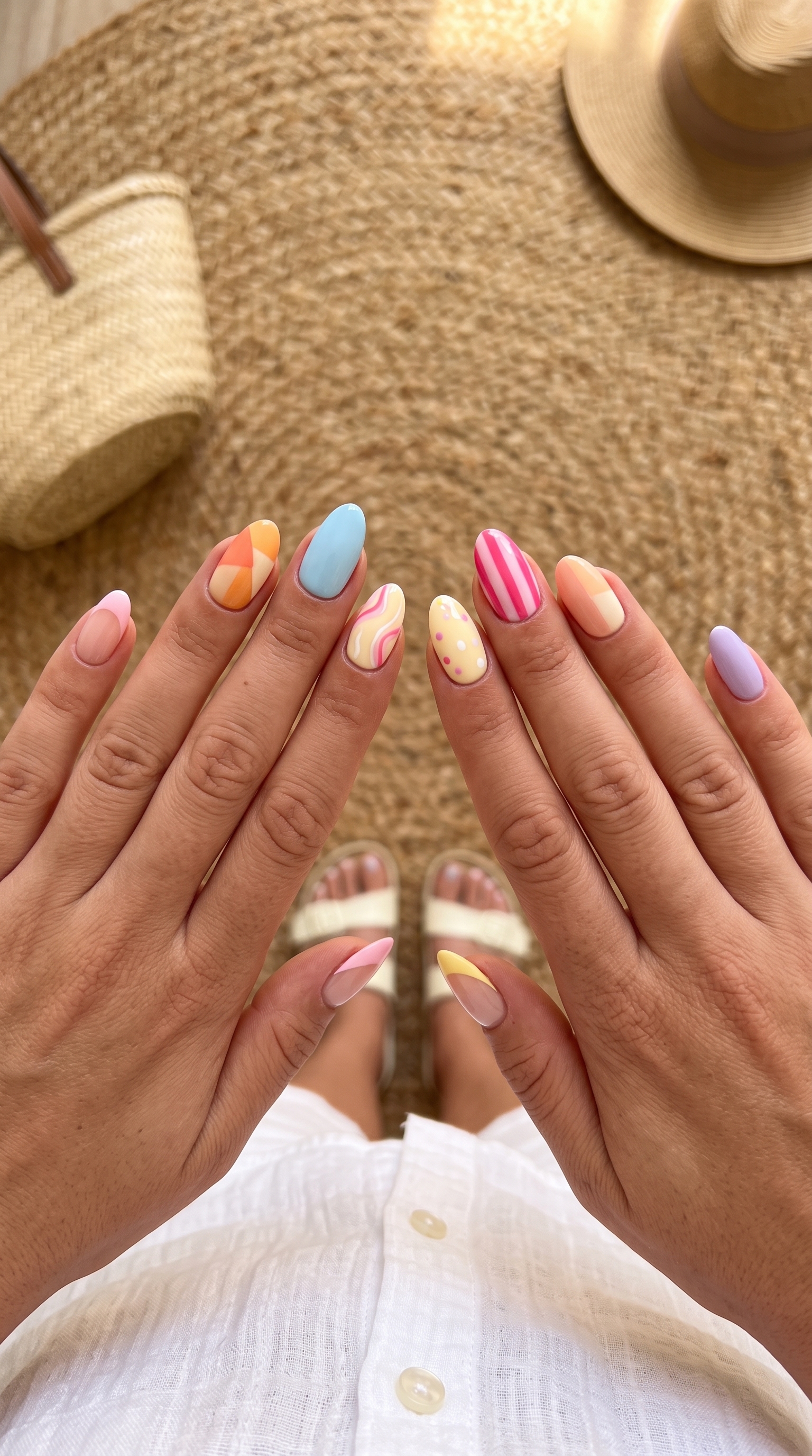 Colorful mix and match summer nails with stripes swirls and patterns beach aesthetic