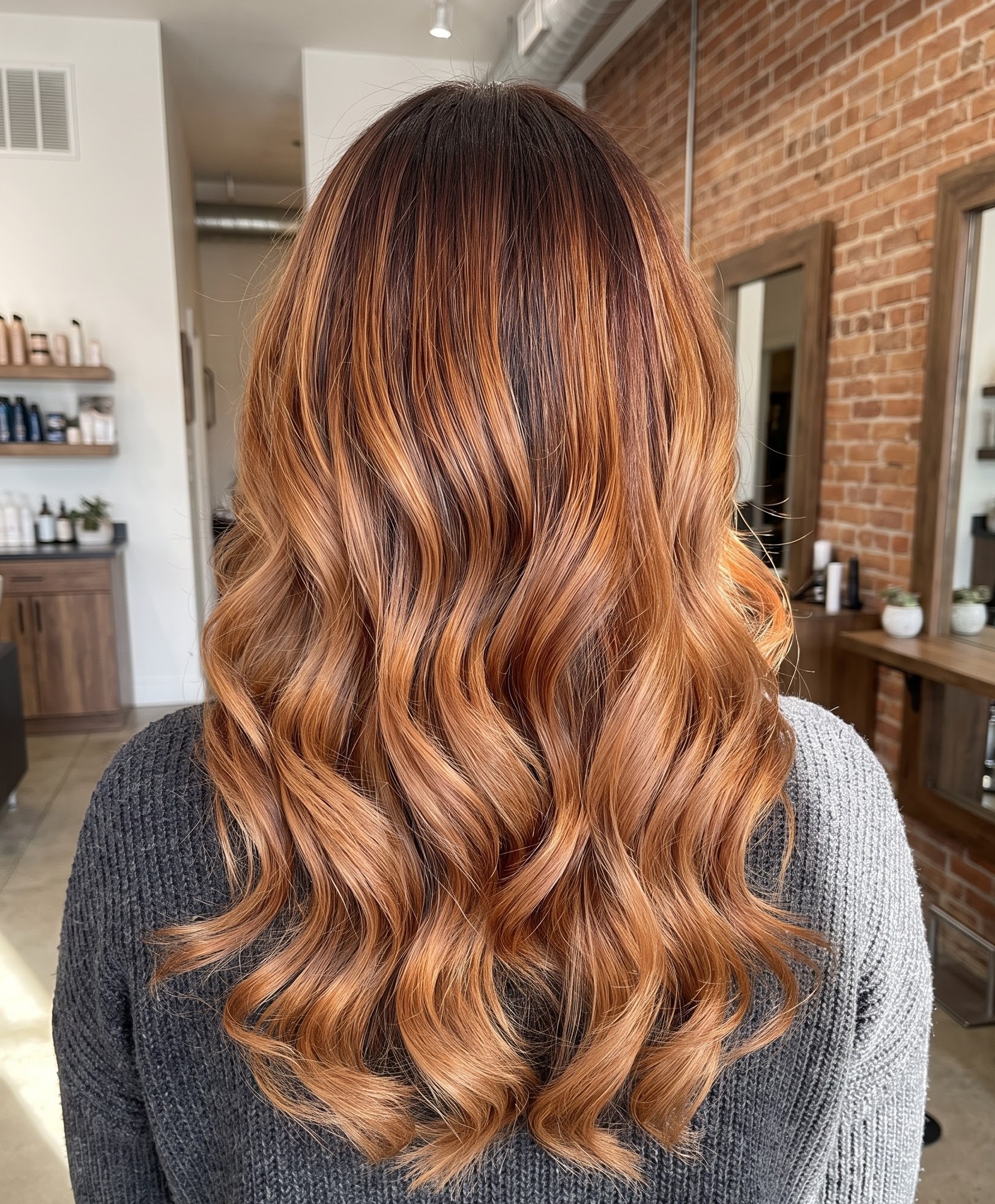 Copper balayage hair styled in loose waves in a brick-walled industrial loft salon