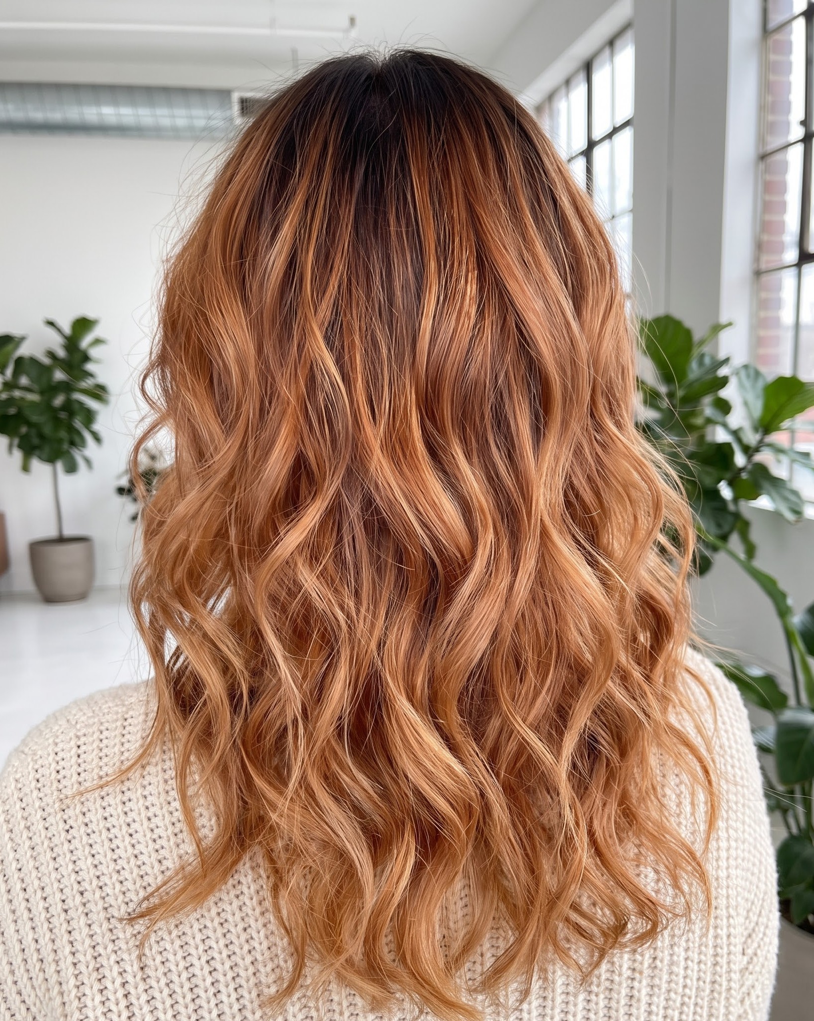 Copper balayage hair styled in loose beachy waves against a bright, plant-filled backdrop
