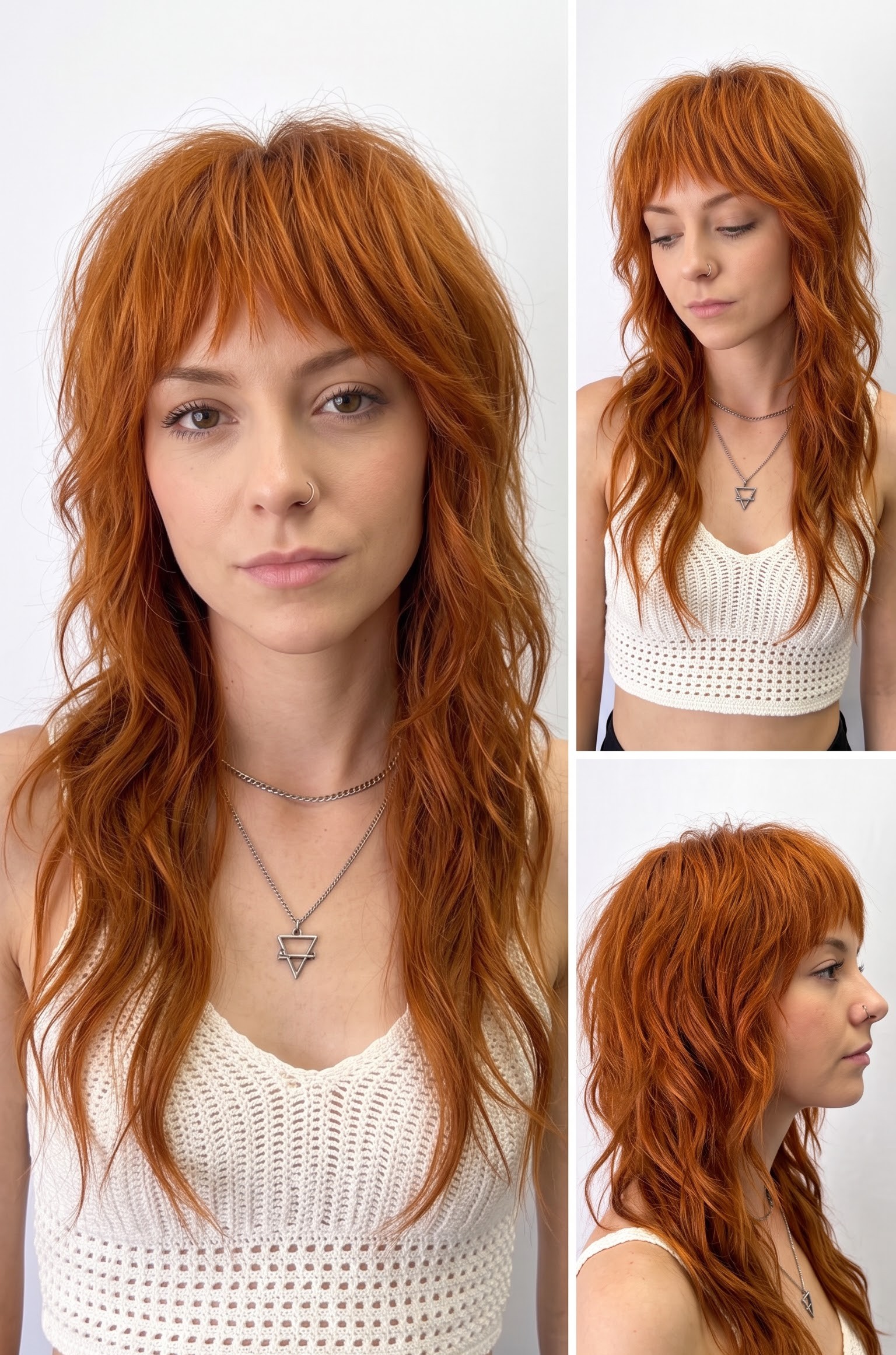 Copper red wolf cut with blunt bangs shown from three angles