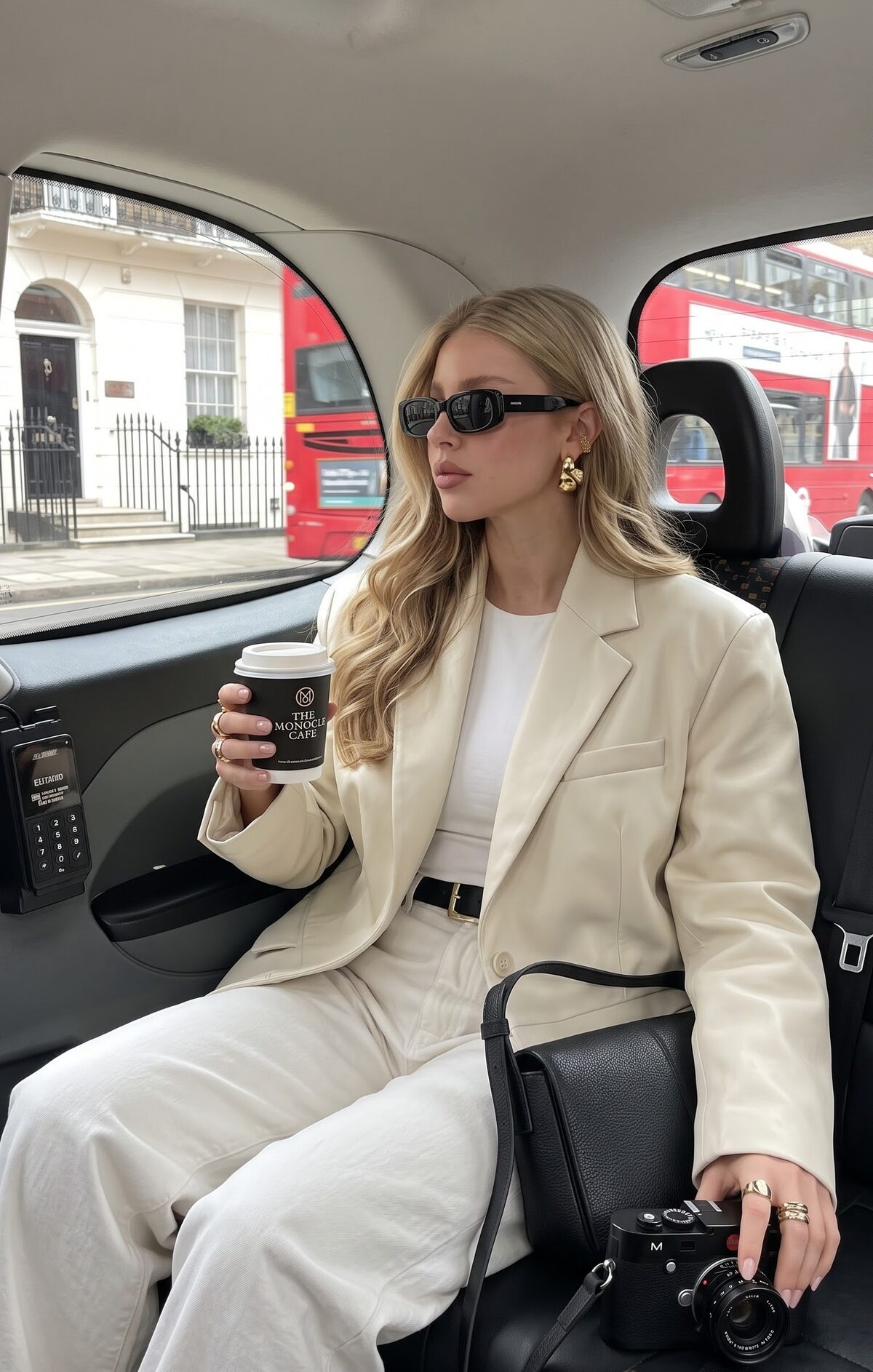 Cream leather-look blazer with white t-shirt and white trousers in a black cab