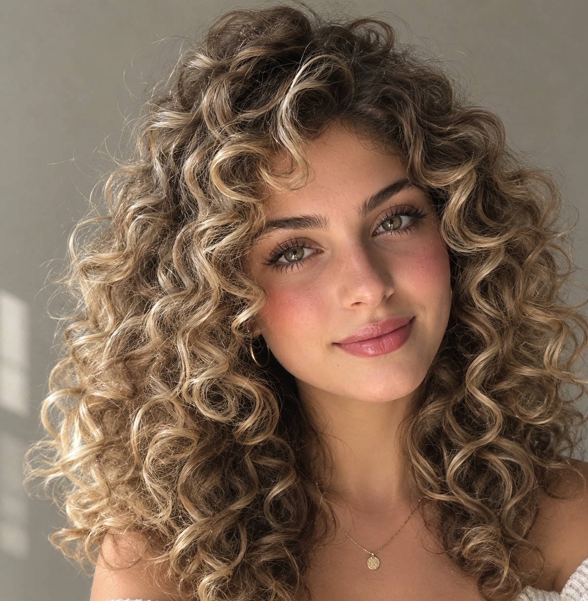 Curly hair with blonde balayage highlights shown in a close-up portrait