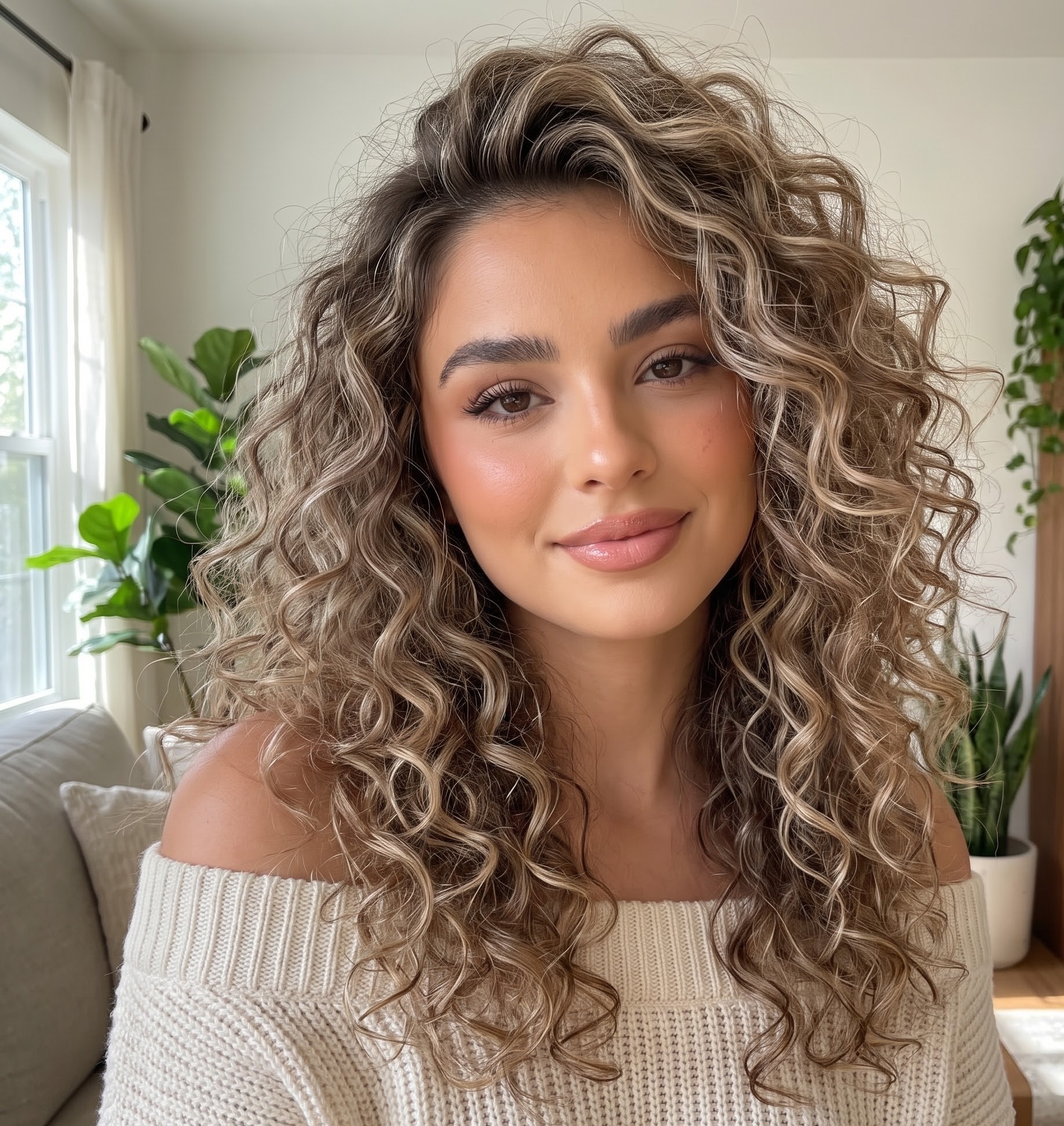 Curly hair with brown and blonde balayage styled loosely, worn with an off-shoulder cream sweater