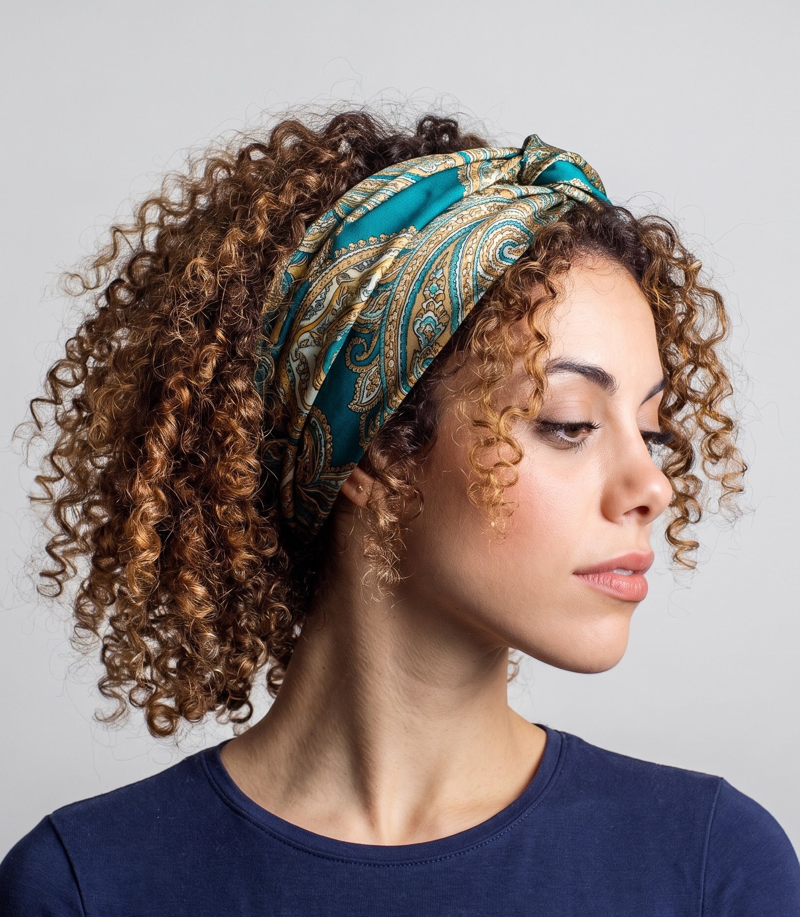 Curly brown hair styled with a teal and gold paisley silk bandana, side profile