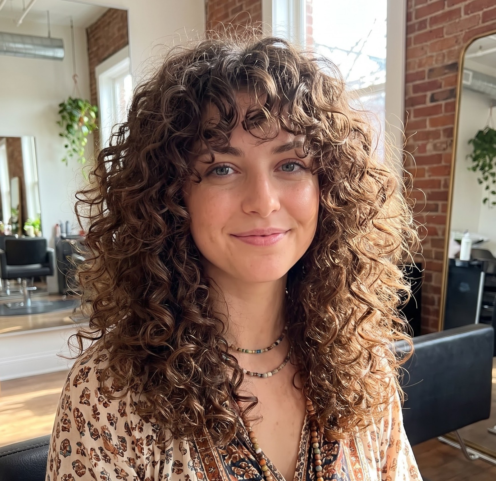 Curly shag haircut with curtain bangs styled in a salon with an exposed brick backdrop