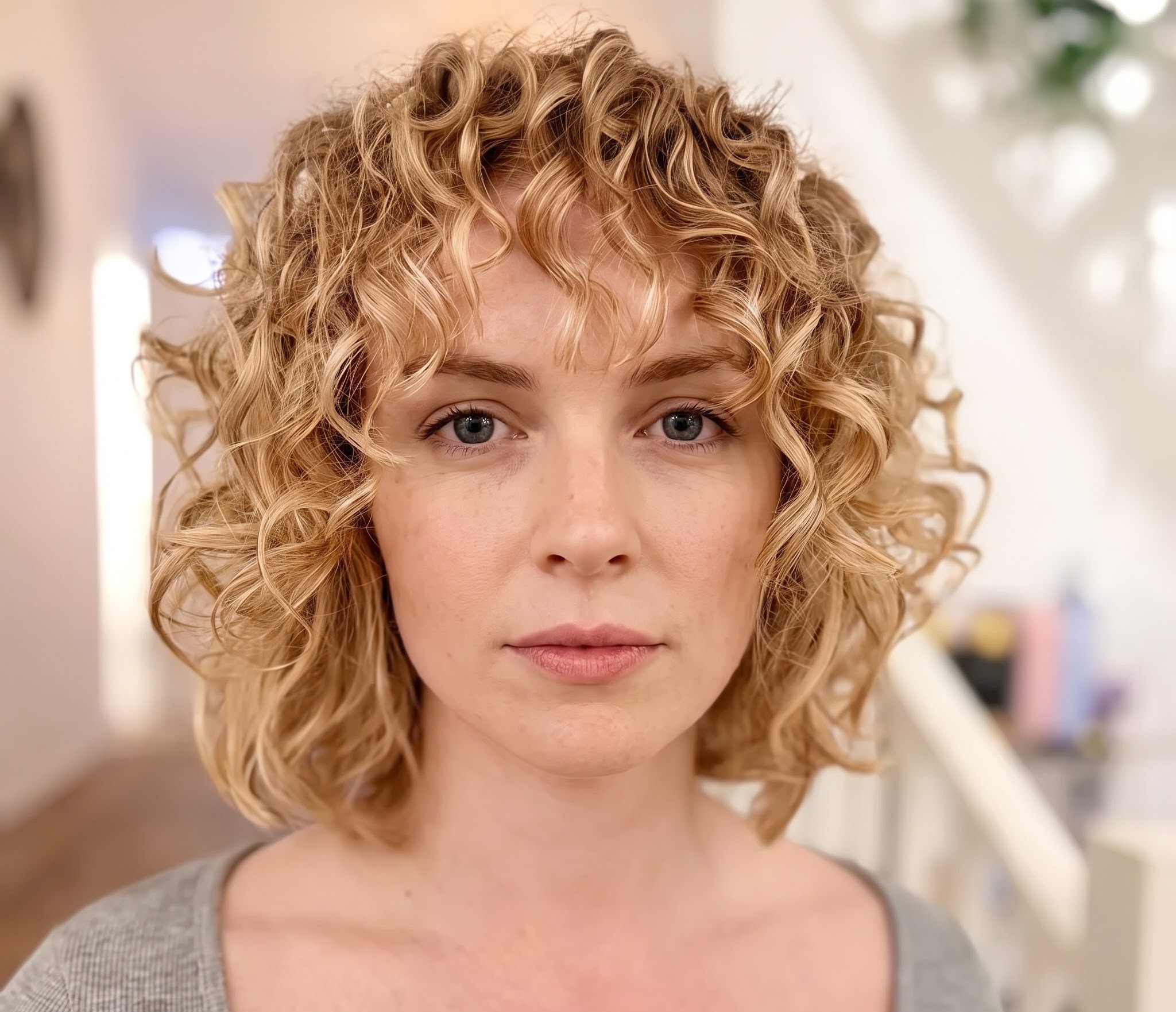 Curly shag haircut with curtain bangs shown from front, side, and back angles in a four-panel collage