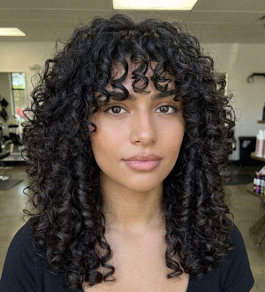 Curly shag haircut with curtain bangs photographed in a hair salon