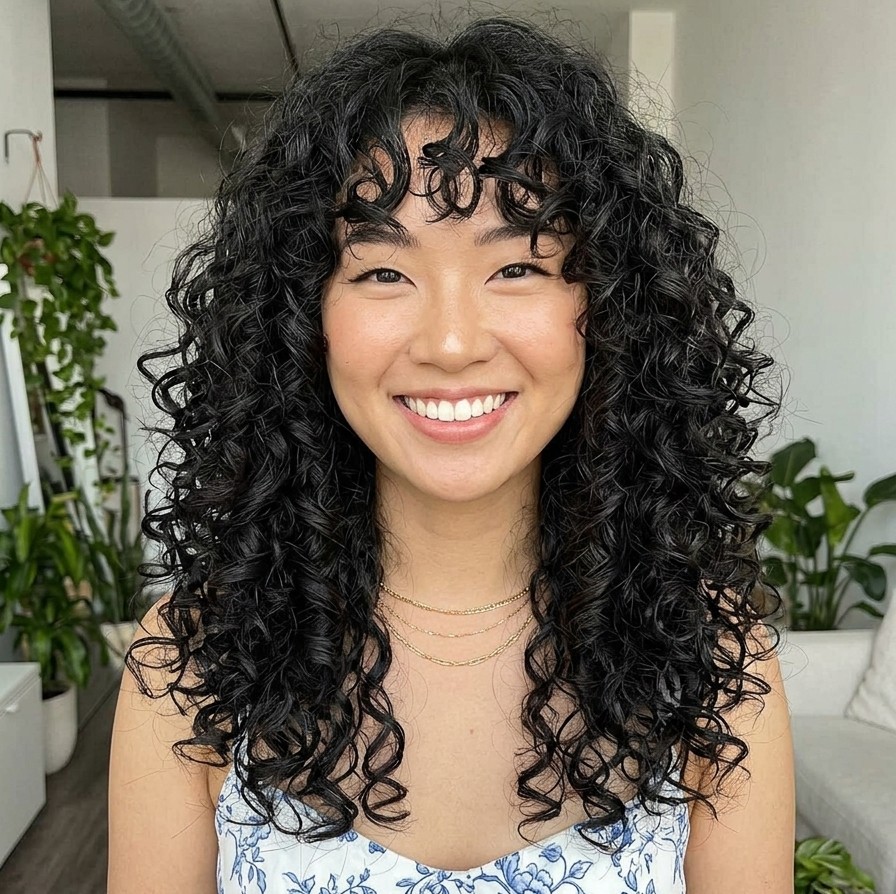 Dark curly shag haircut with curtain bangs styled naturally, selfie in a bohemian sunroom