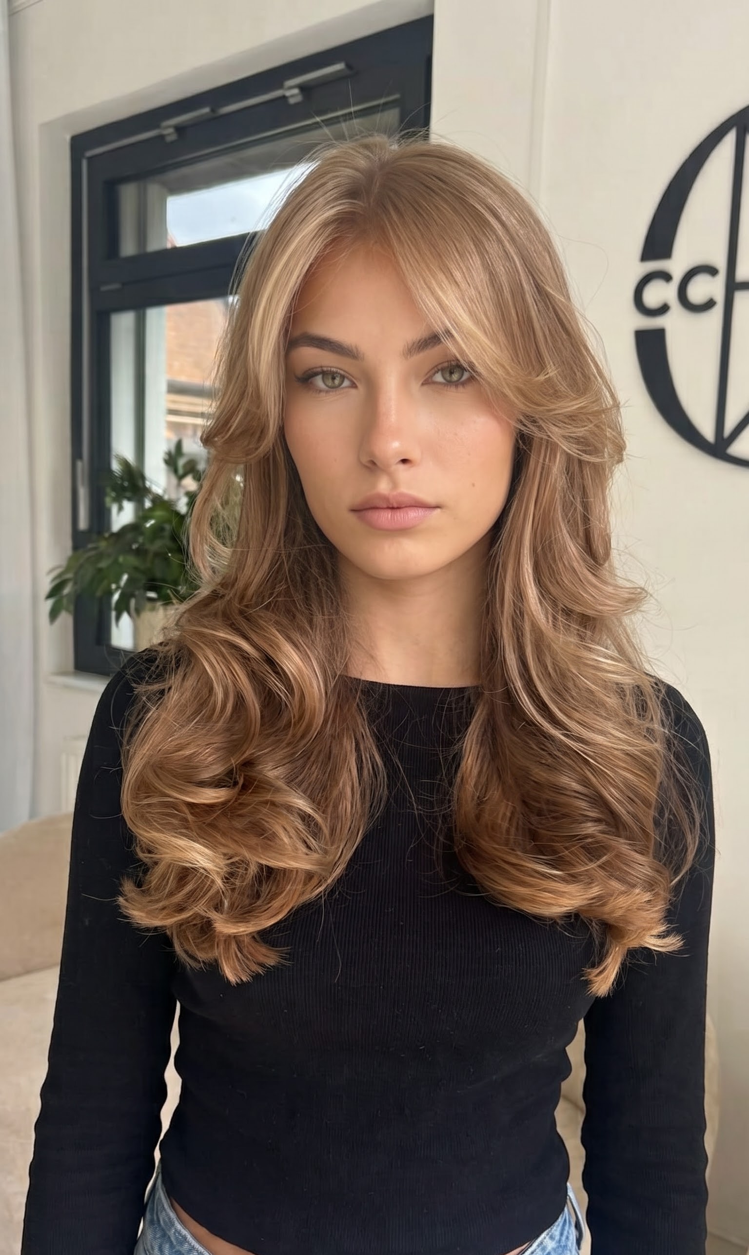 curtain bangs for long hair with soft waves and side profile view