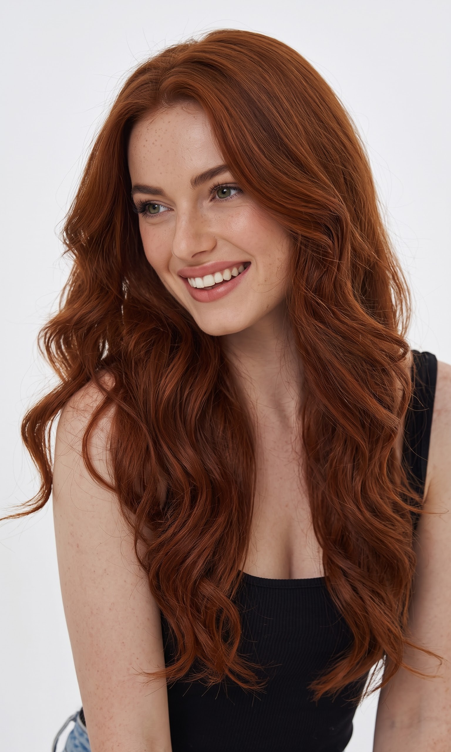 curtain bangs for long hair in warm honey blonde against a plain backdrop