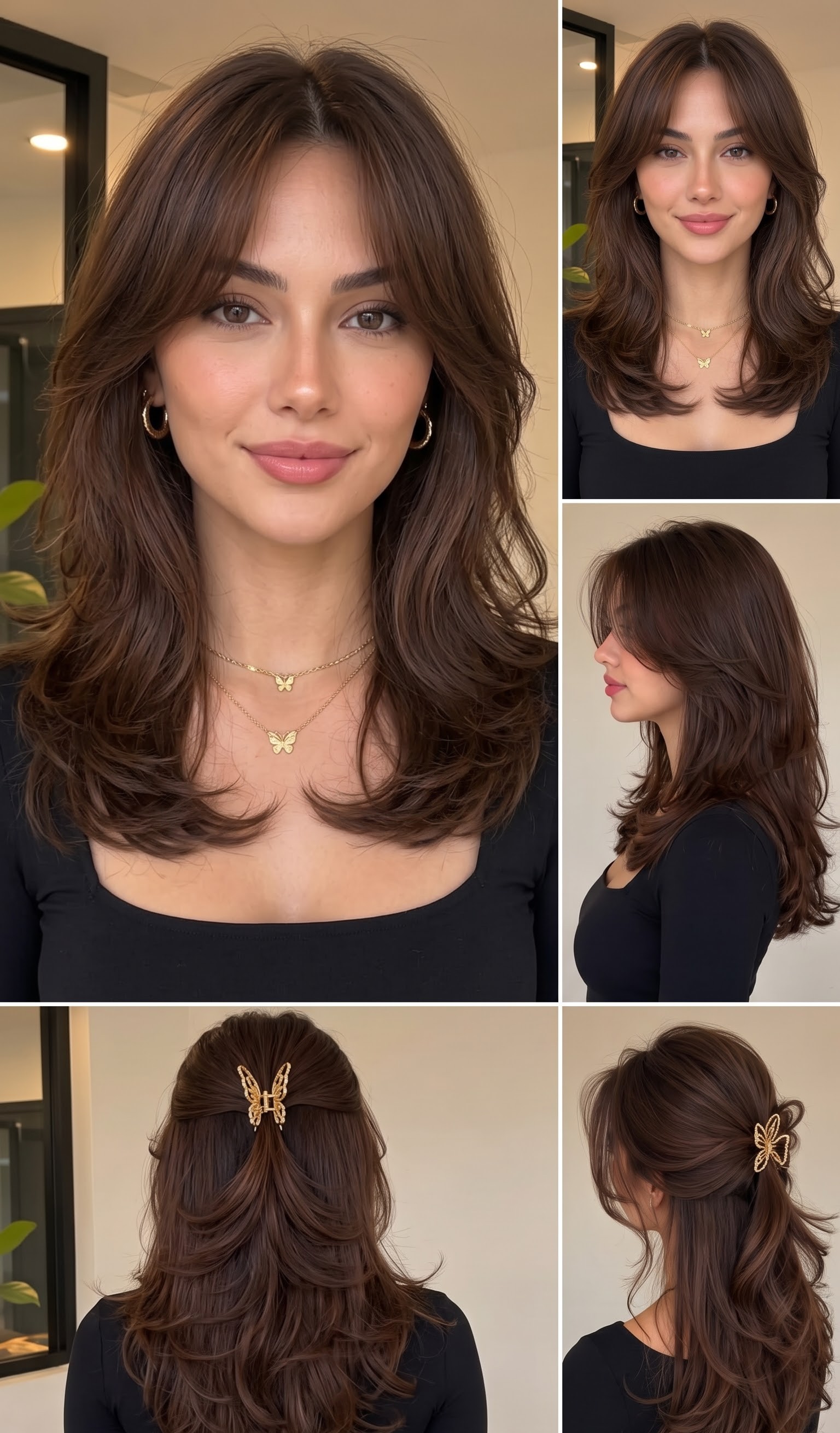 curtain bangs long hair styled into a voluminous salon blowout