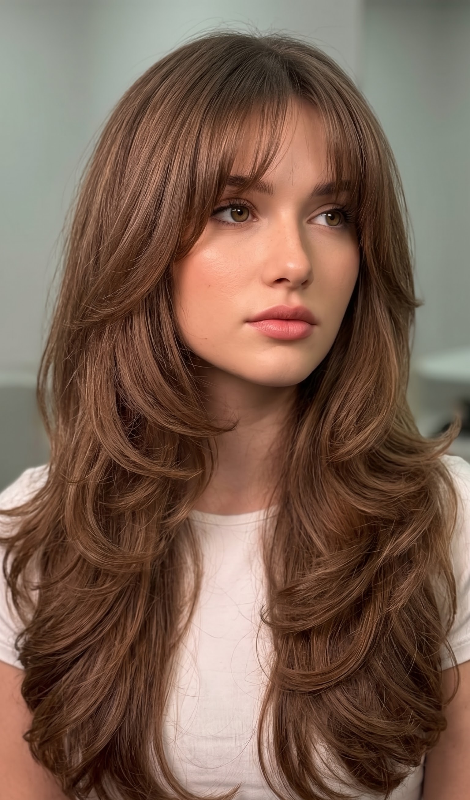 curtain bangs long hair in copper red with soft waves and freckles