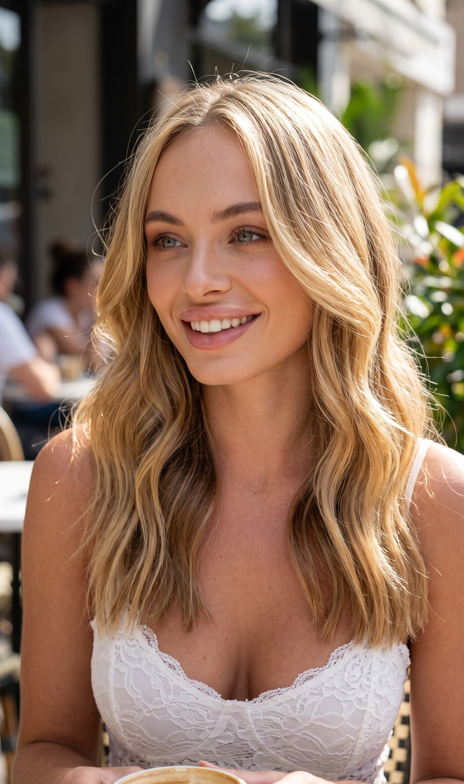 curtain bangs long hair with sun kissed waves and lace top
