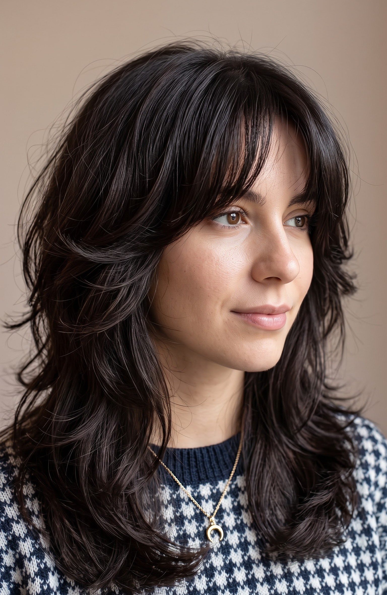 Dark chocolate wolf cut with heavy layers on thick hair