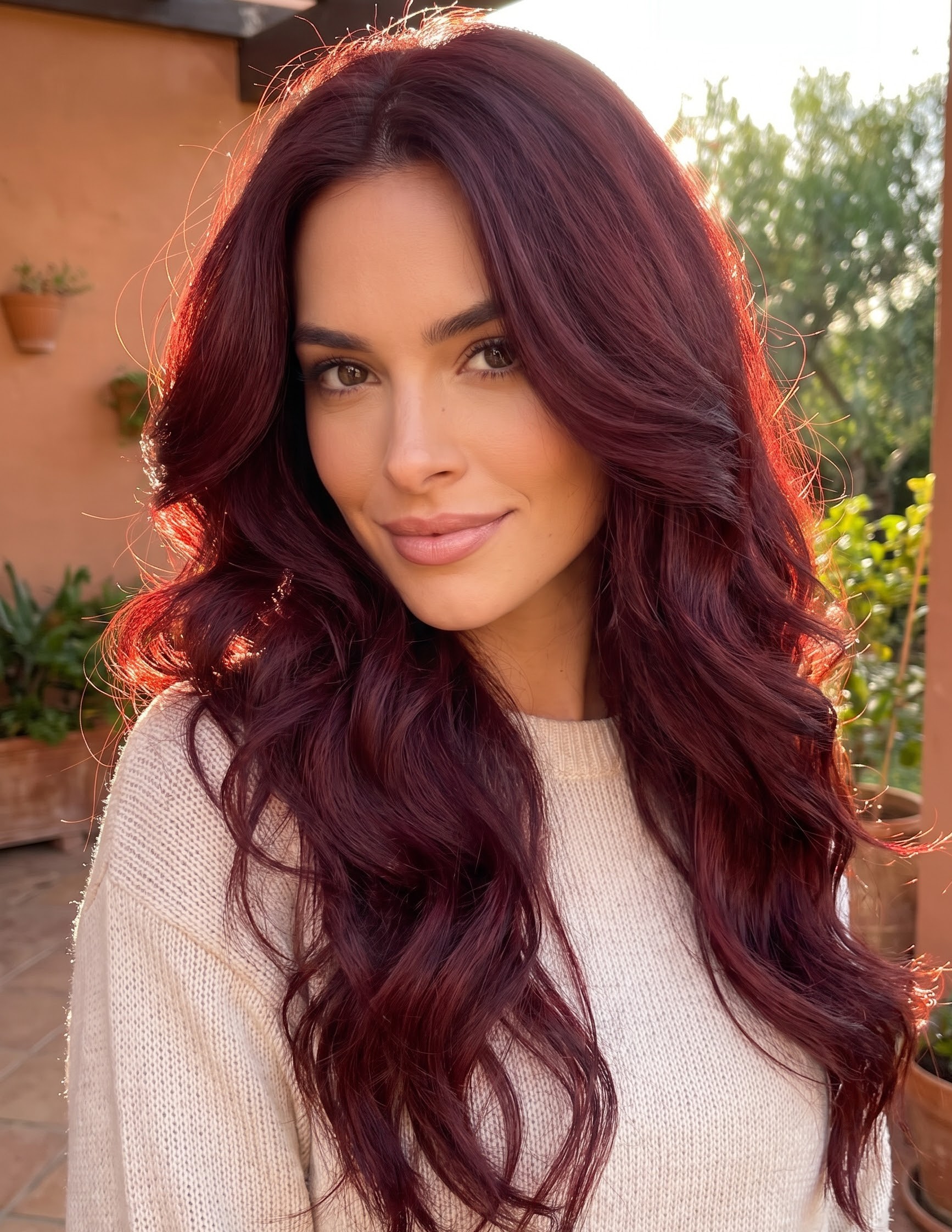 Deep wine red hair color styled in soft waves, catching warm light