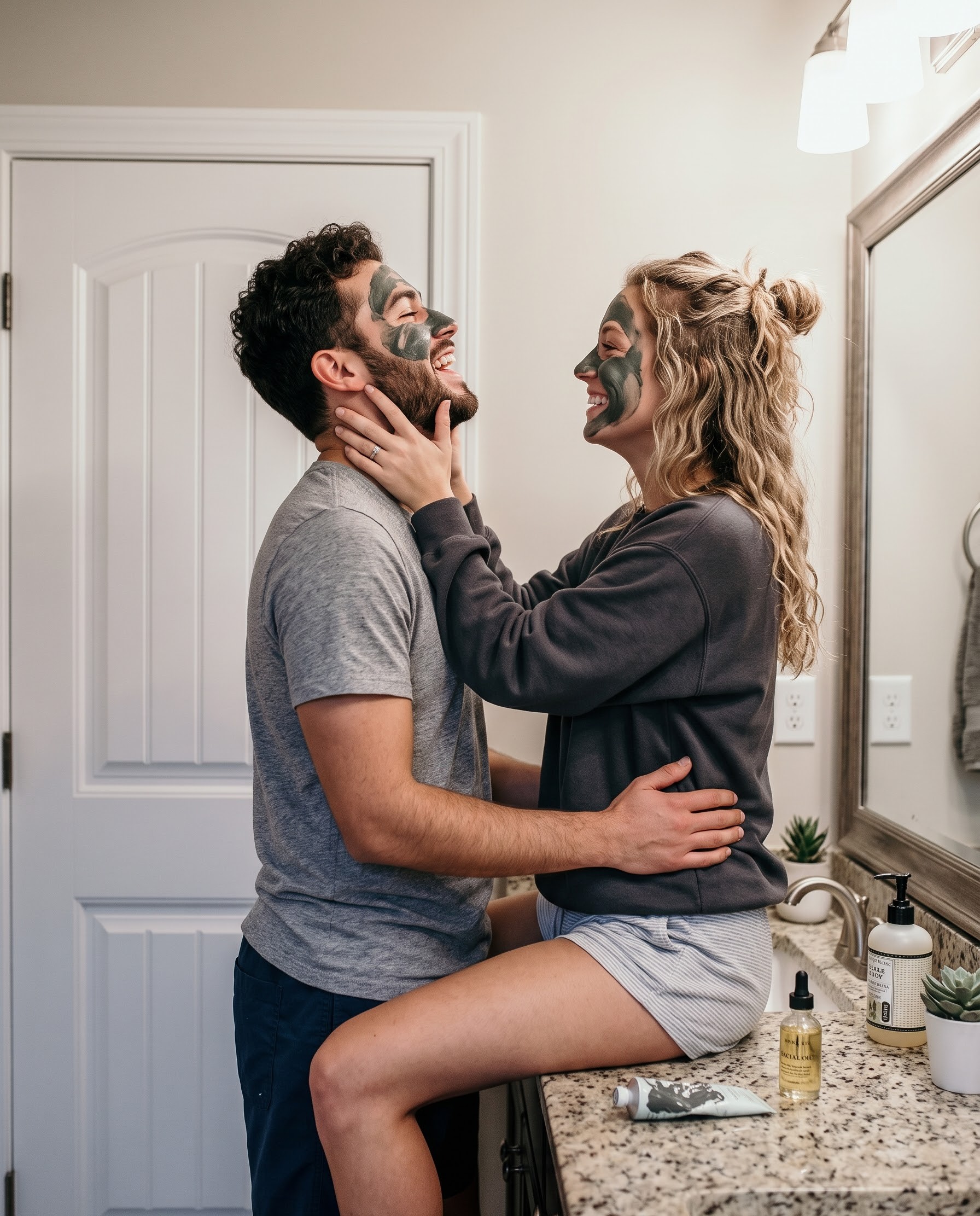 Couple laughing together while wearing green face masks in the bathroom
