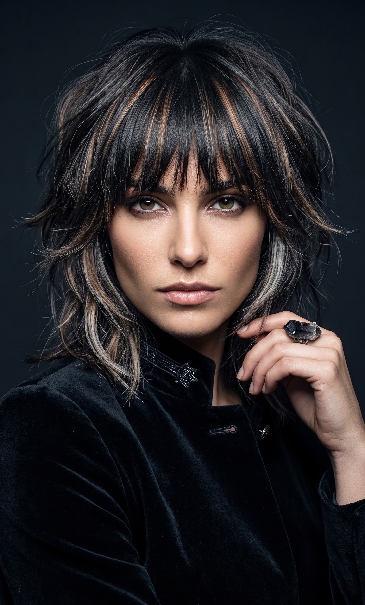 Edgy black wolf cut with money piece highlights and choppy shag layers