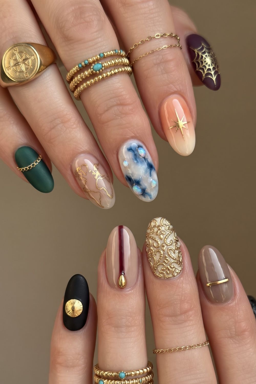 Amber citrine gold swirl fall acrylic nails