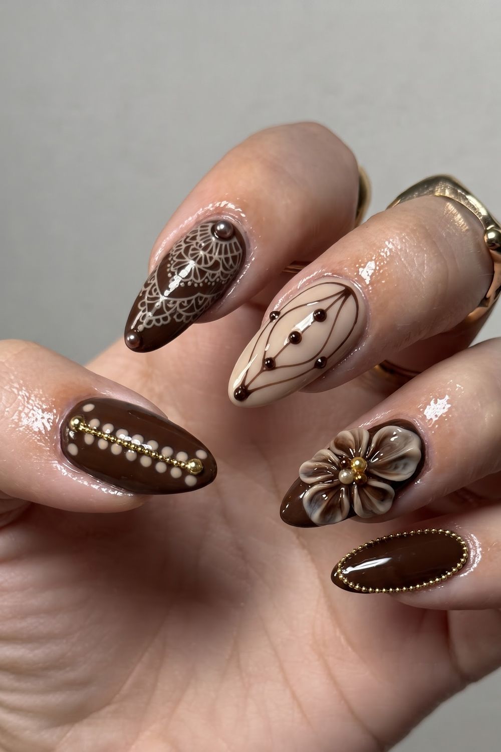Blue and brown plaid check fall acrylic nails
