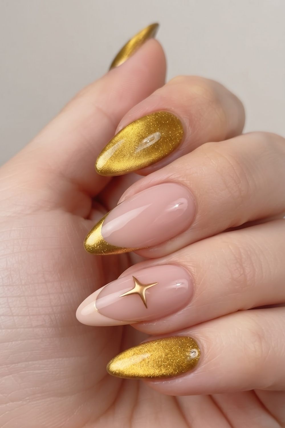Glossy gold shimmer fall acrylic nails